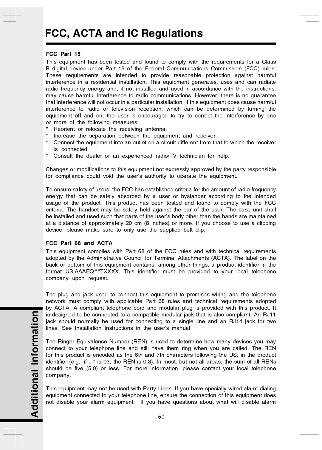 VTech 5808 important safety instructions FCC, Acta and IC Regulations, FCC Part 68 and Acta 