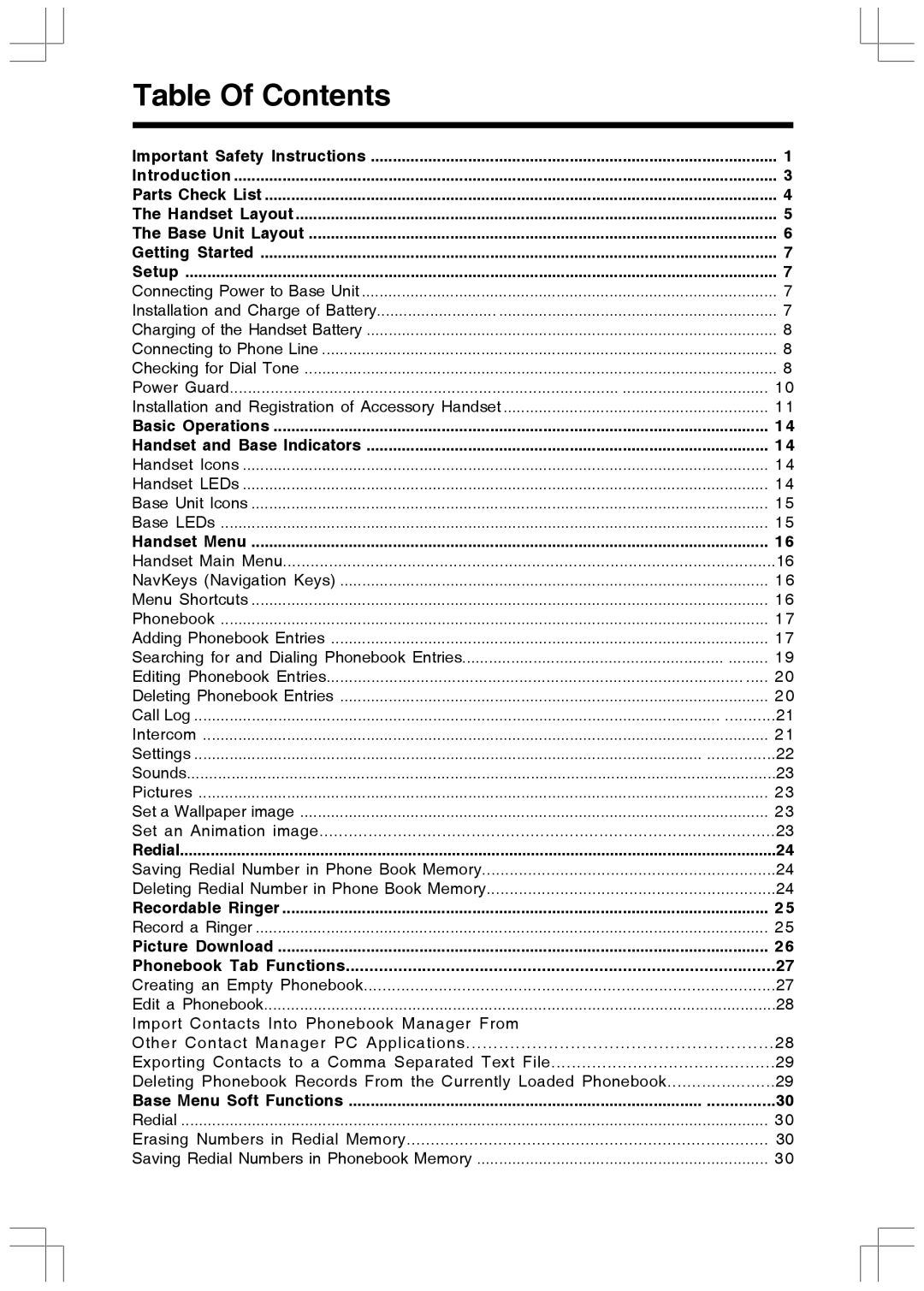 VTech 5808 important safety instructions Table Of Contents 