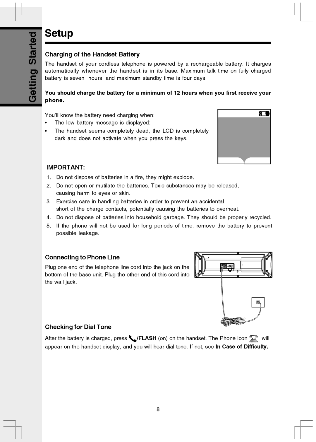 VTech 5808 important safety instructions Charging of the Handset Battery, Connecting to Phone Line, Checking for Dial Tone 