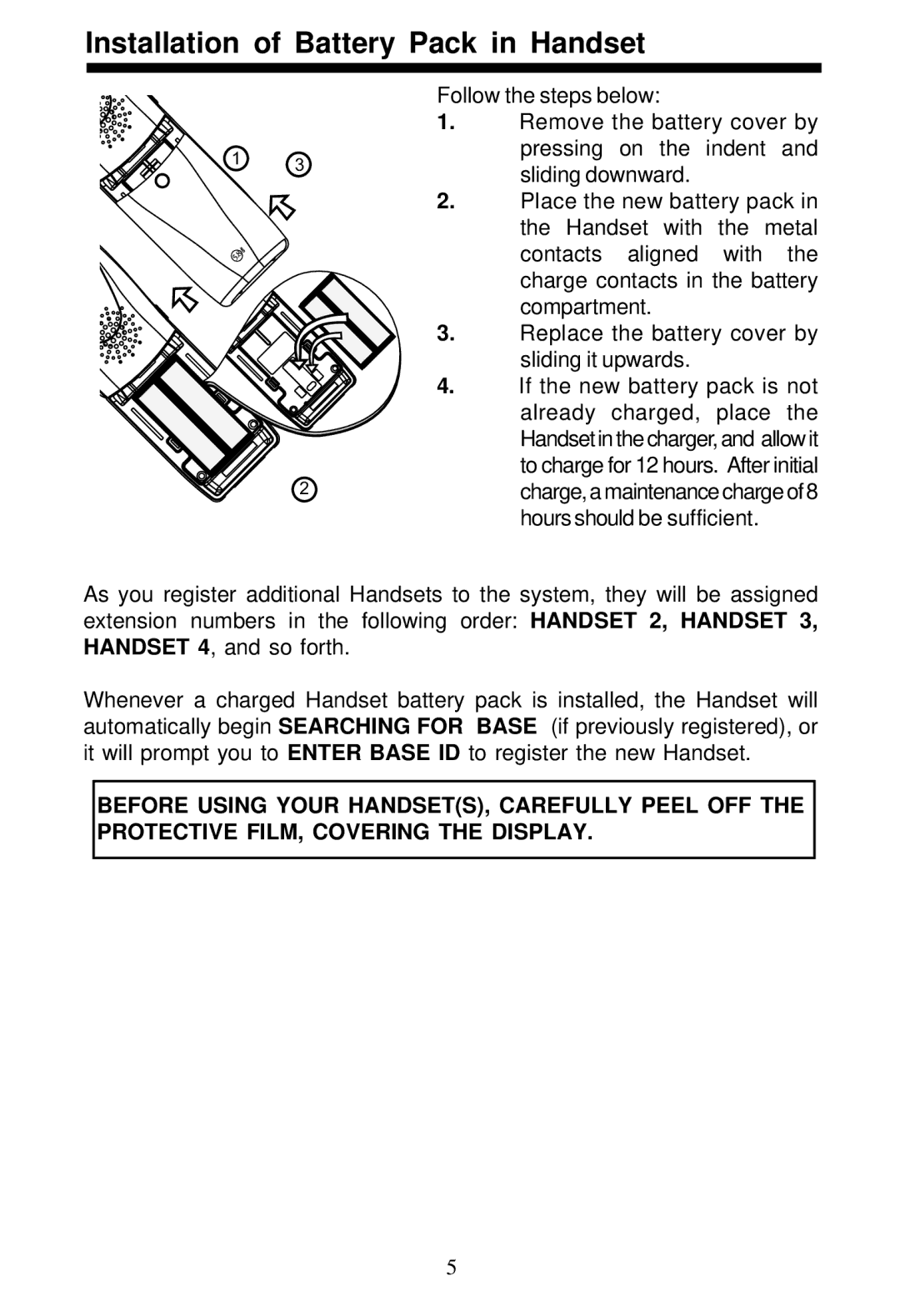 VTech 5831 important safety instructions Installation of Battery Pack in Handset 