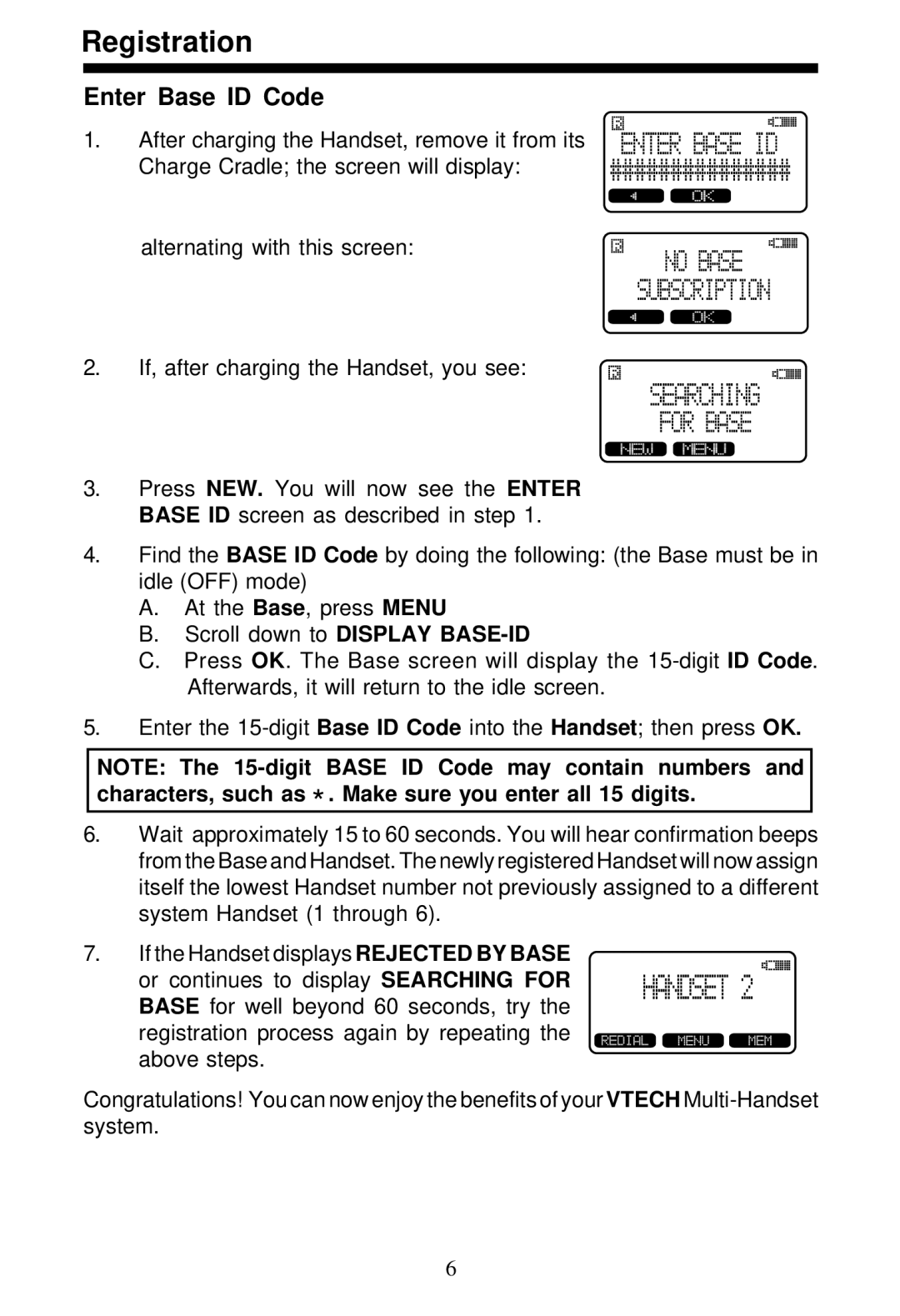 VTech 5831 important safety instructions Registration, Enter Base ID Code 