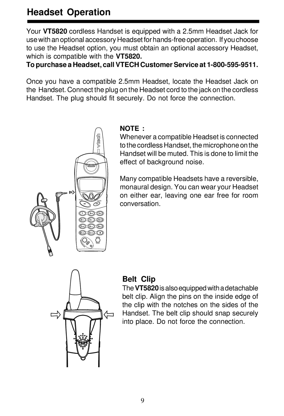 VTech 5831 important safety instructions Headset Operation 