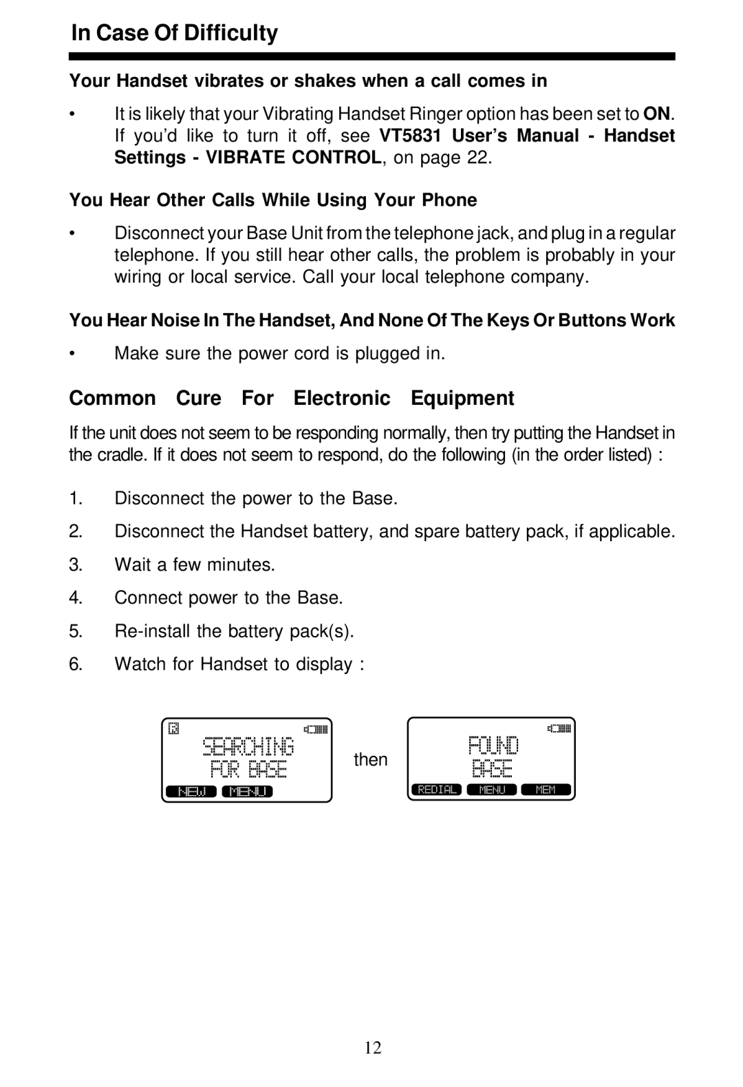 VTech 5831 important safety instructions Case Of Difficulty 