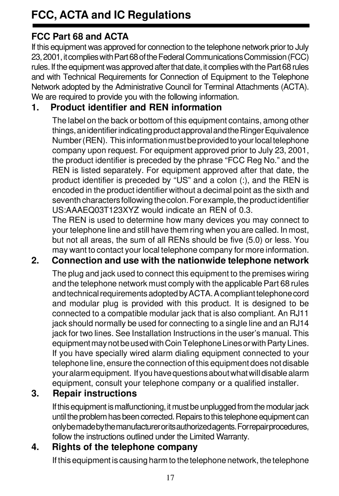 VTech 5831 important safety instructions FCC Part 68 and Acta 