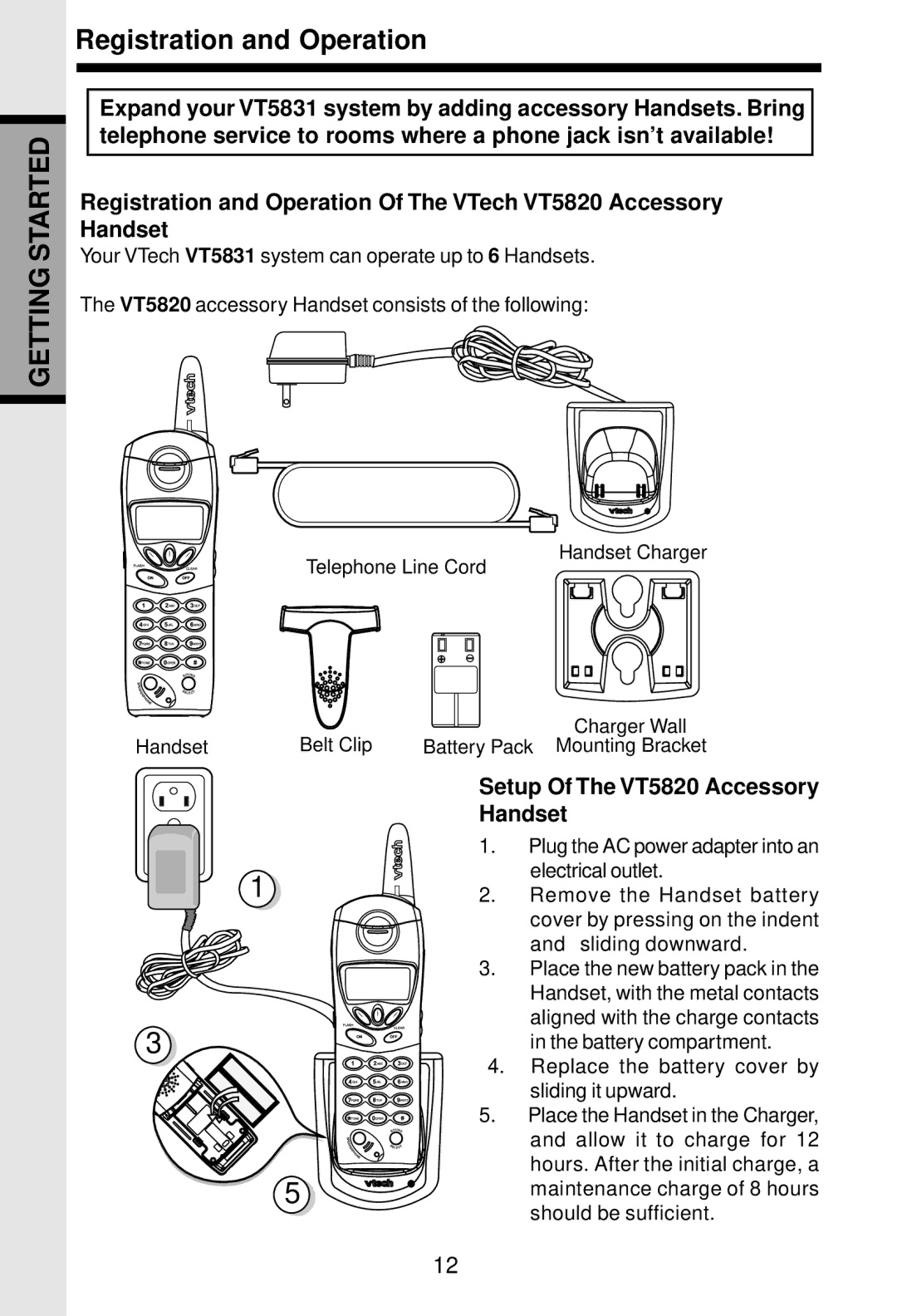 VTech 5831 important safety instructions Registration and Operation, Setup Of The VT5820 Accessory Handset 