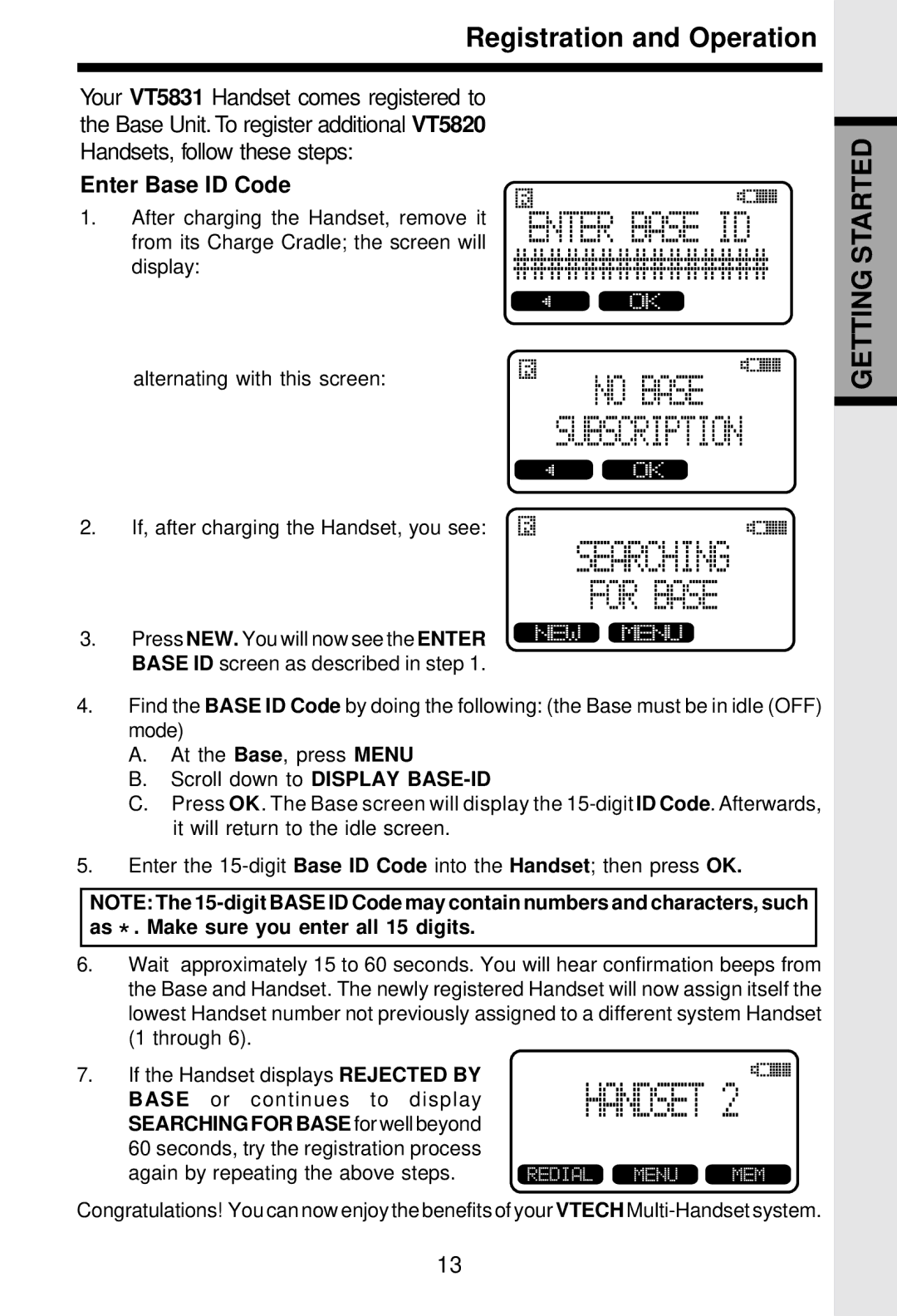 VTech 5831 important safety instructions Enter Base ID Code 