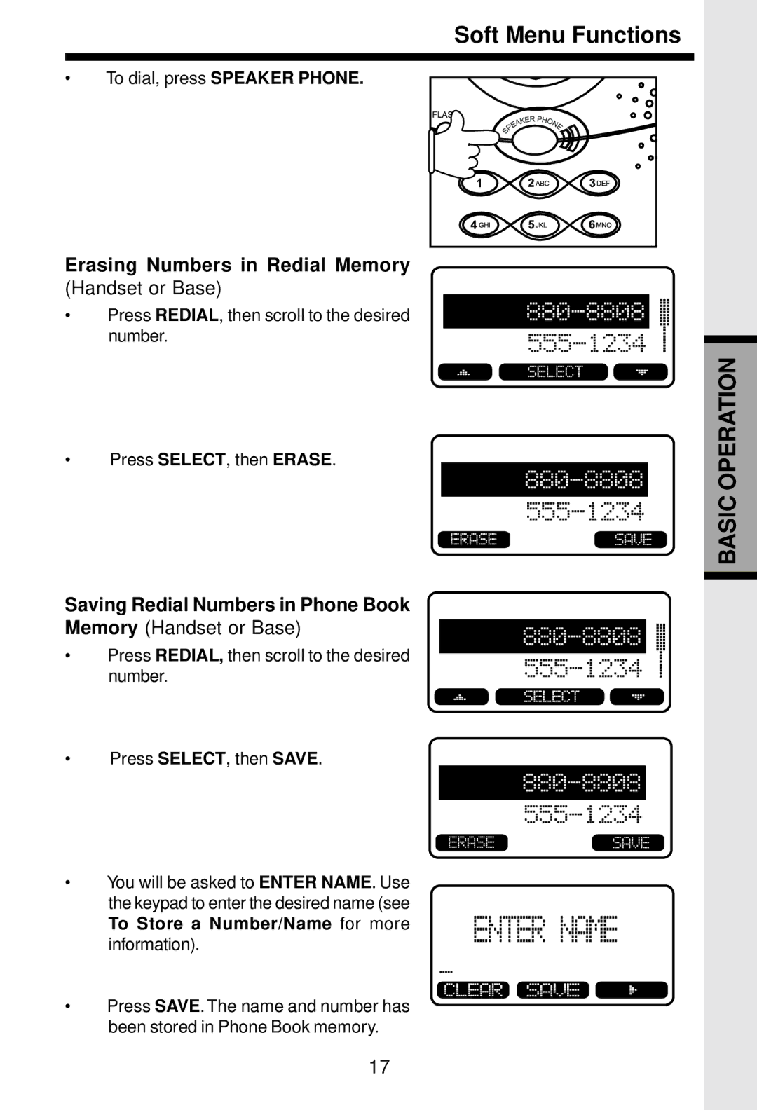 VTech 5831 Erasing Numbers in Redial Memory, Saving Redial Numbers in Phone Book Memory Handset or Base 