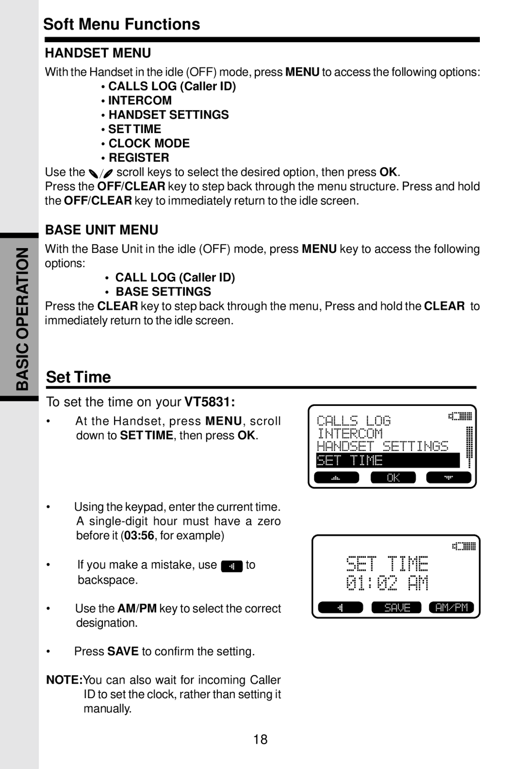 VTech 5831 important safety instructions Set Time, Calls LOG Caller ID, Call LOG Caller ID 