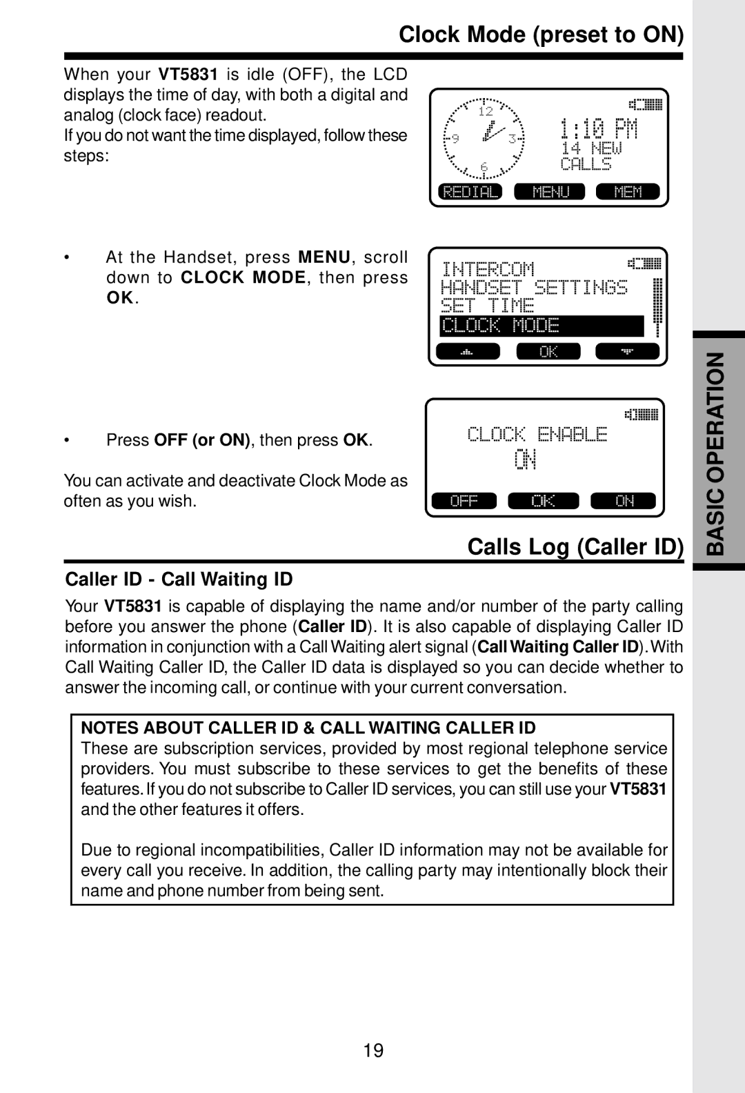 VTech 5831 important safety instructions Clock Mode preset to on, Calls Log Caller ID, Caller ID Call Waiting ID 