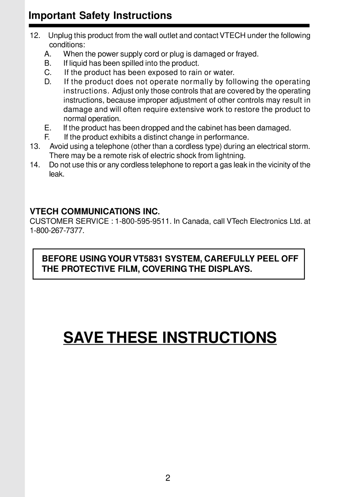 VTech 5831 important safety instructions Important Safety Instructions 