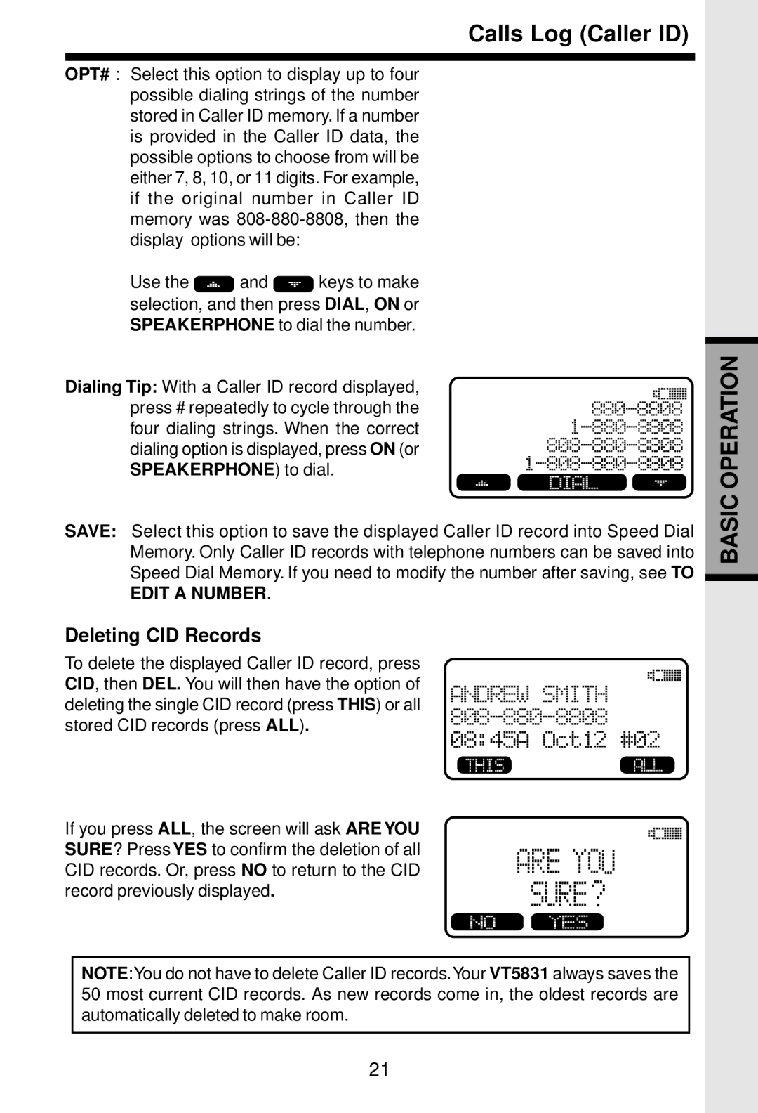 VTech 5831 important safety instructions Deleting CID Records 