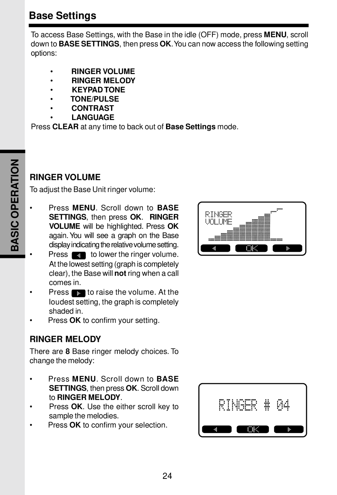 VTech 5831 important safety instructions Base Settings, To adjust the Base Unit ringer volume 