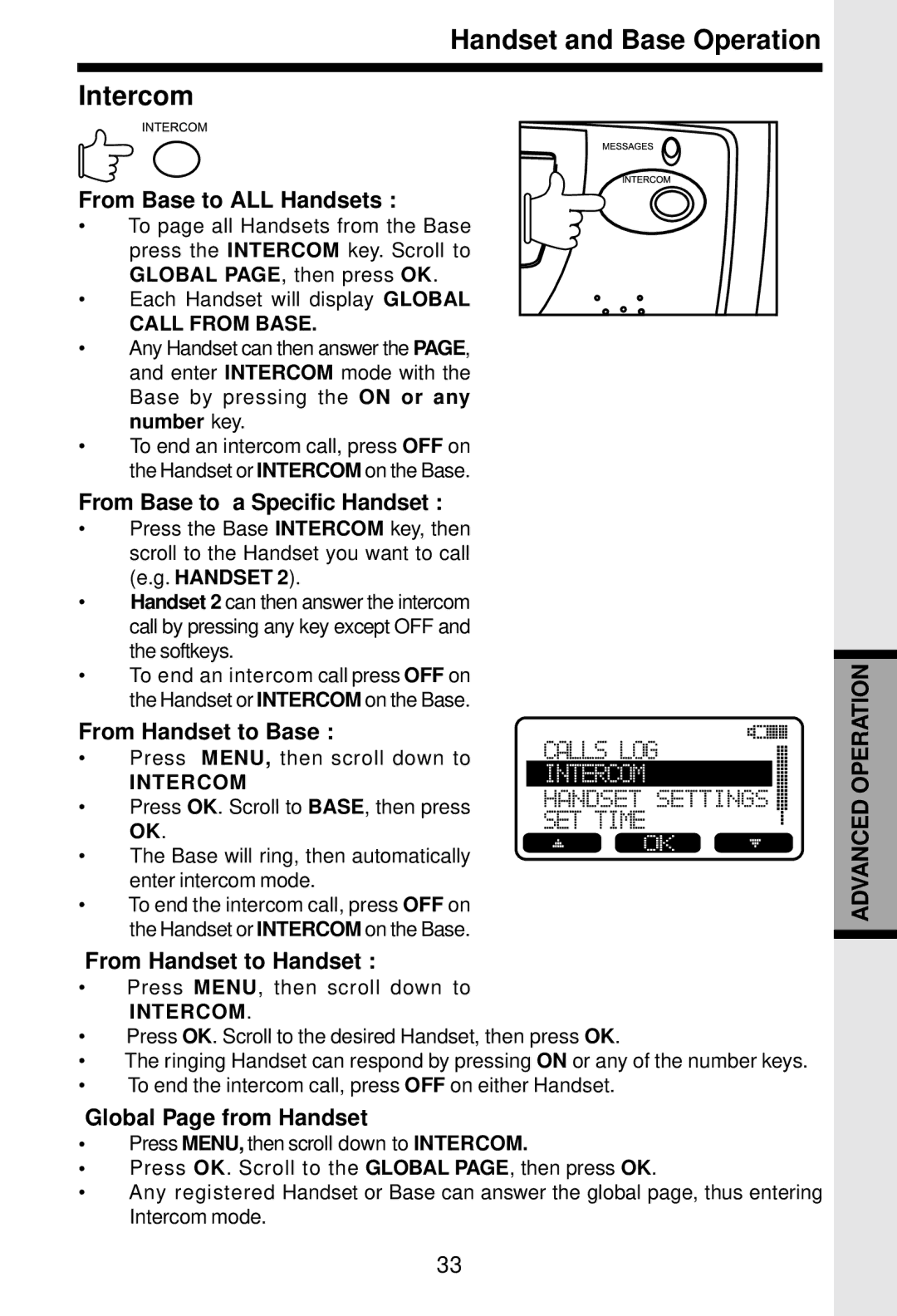 VTech 5831 important safety instructions Handset and Base Operation Intercom 