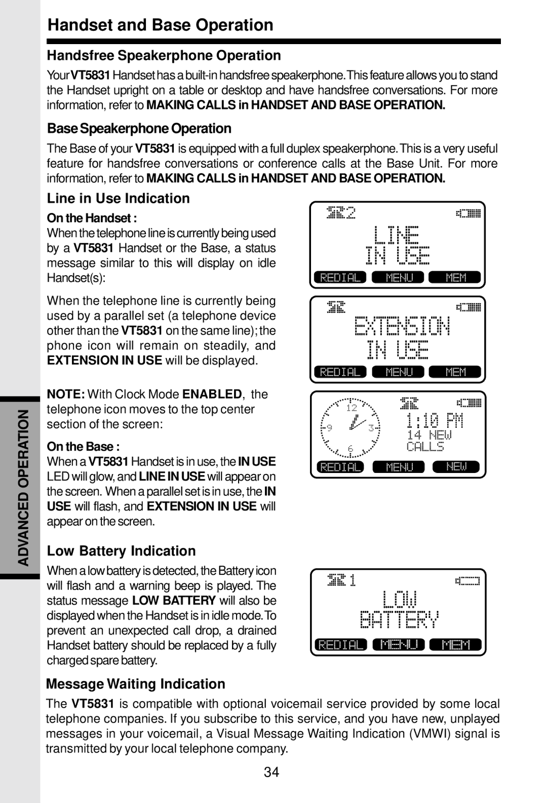 VTech 5831 Handsfree Speakerphone Operation, Base Speakerphone Operation, Line in Use Indication, Low Battery Indication 