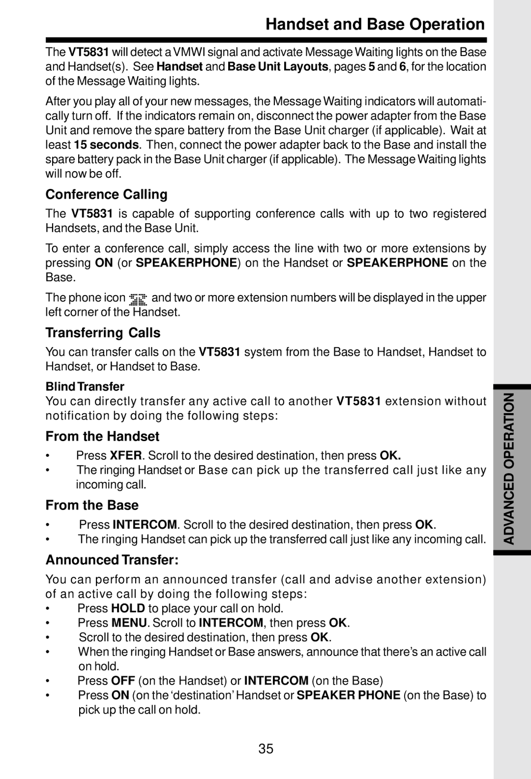 VTech 5831 Conference Calling, Transferring Calls, From the Base, Announced Transfer, Blind Transfer 