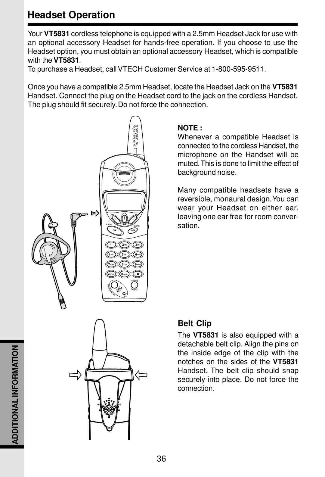 VTech 5831 important safety instructions Headset Operation, Belt Clip 