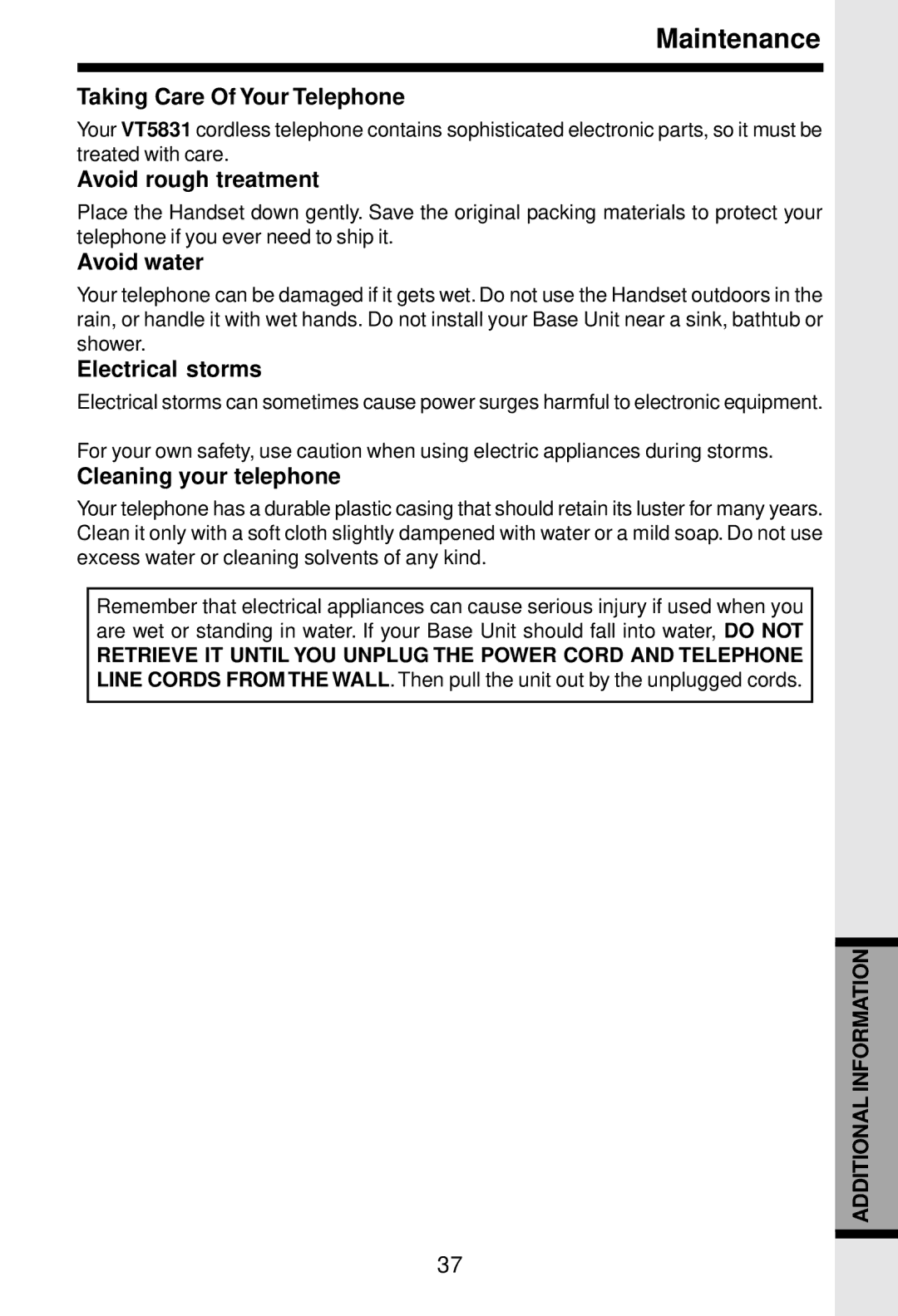 VTech 5831 important safety instructions Maintenance 