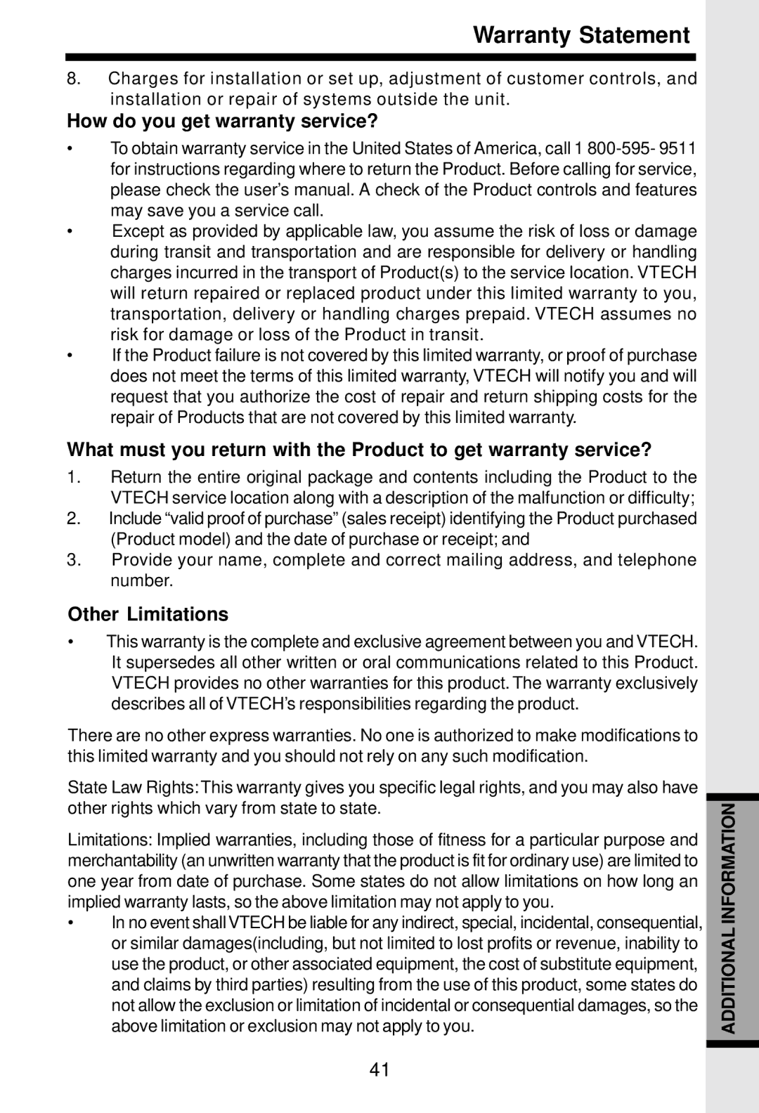 VTech 5831 important safety instructions How do you get warranty service?, Other Limitations 