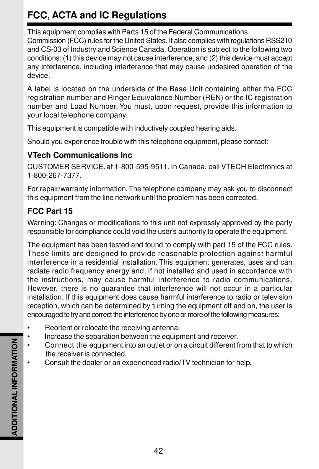 VTech 5831 important safety instructions FCC, Acta and IC Regulations, VTech Communications Inc, FCC Part 