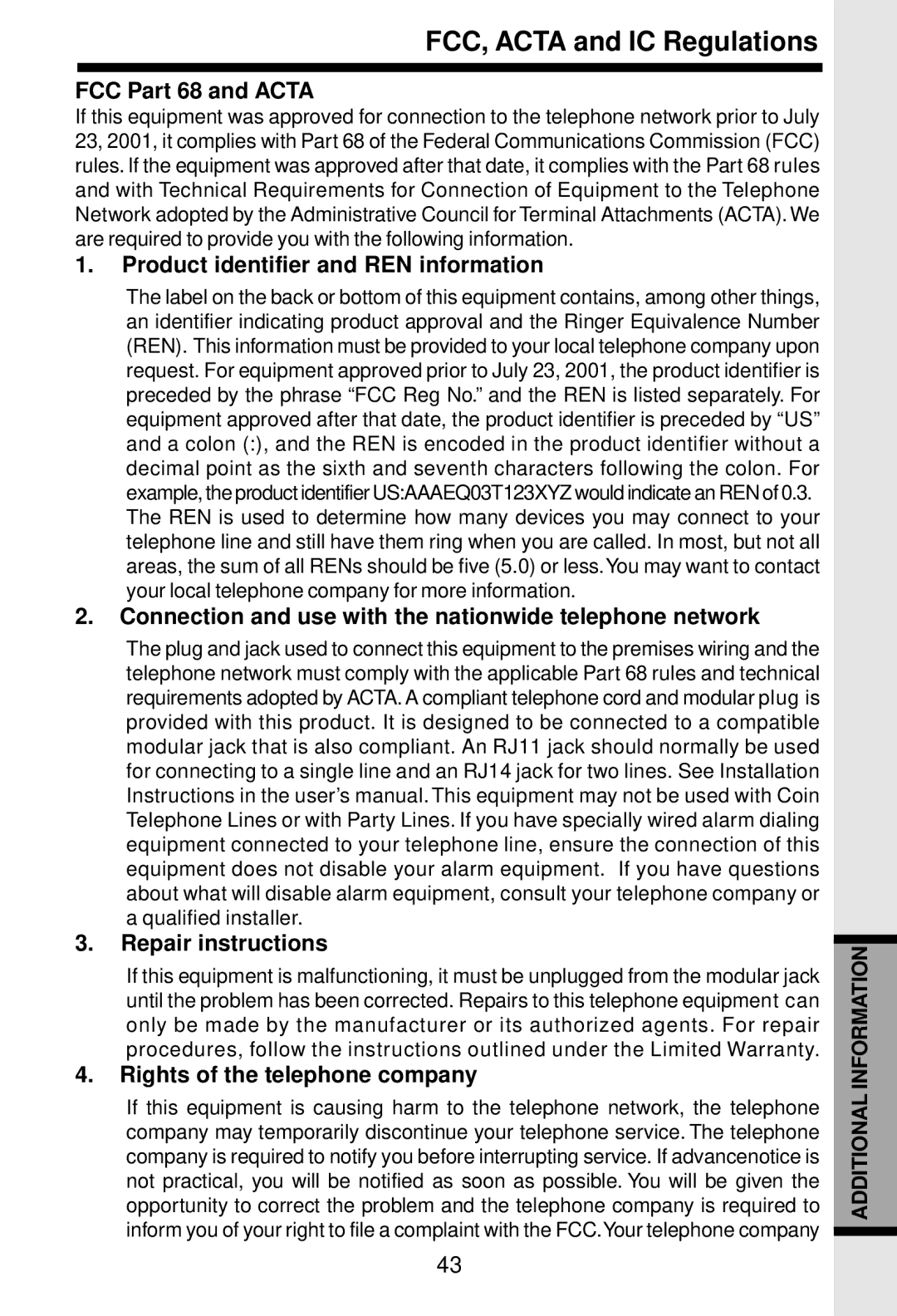 VTech 5831 important safety instructions FCC Part 68 and Acta, Product identifier and REN information, Repair instructions 