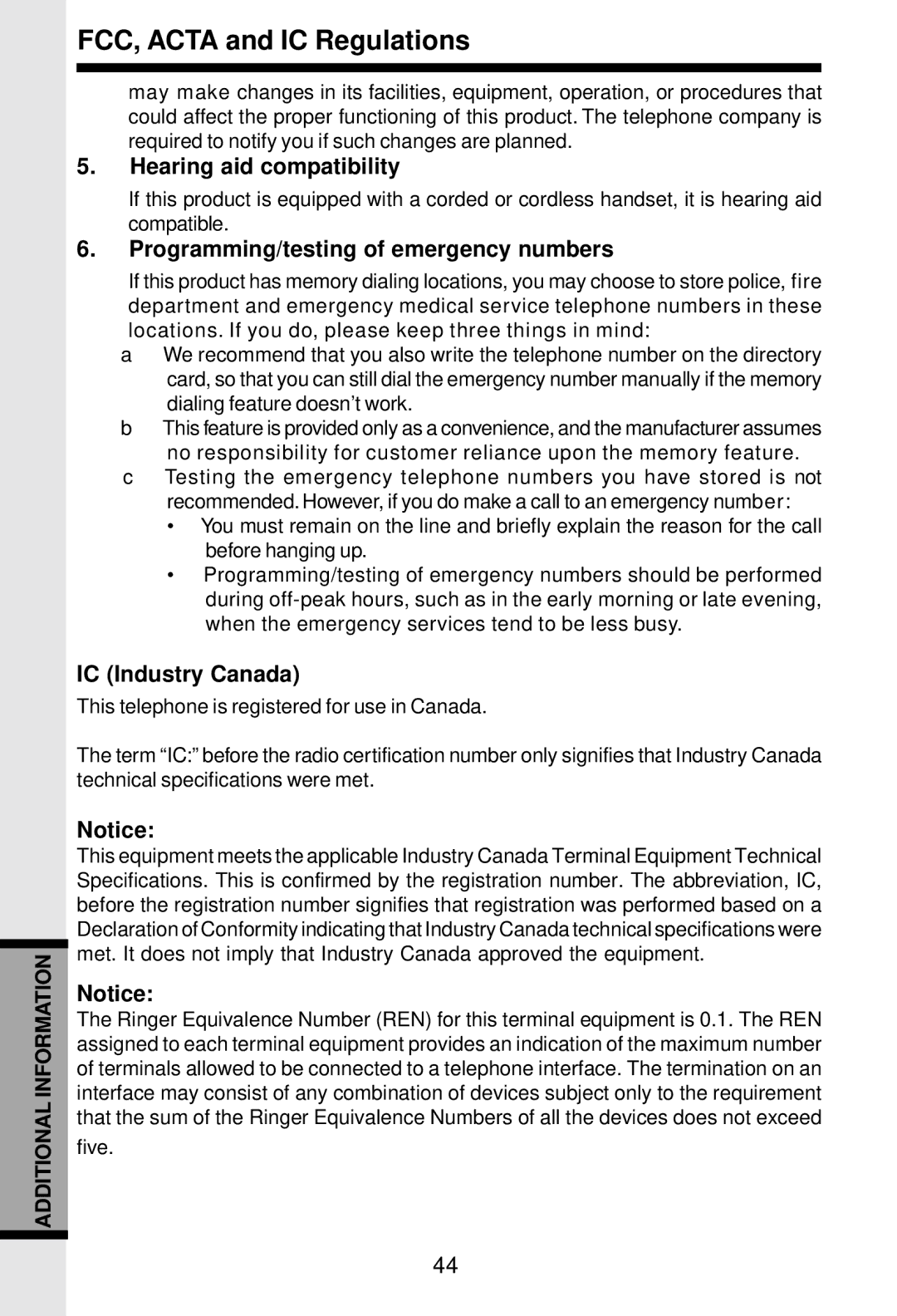 VTech 5831 Hearing aid compatibility, Programming/testing of emergency numbers, IC Industry Canada 