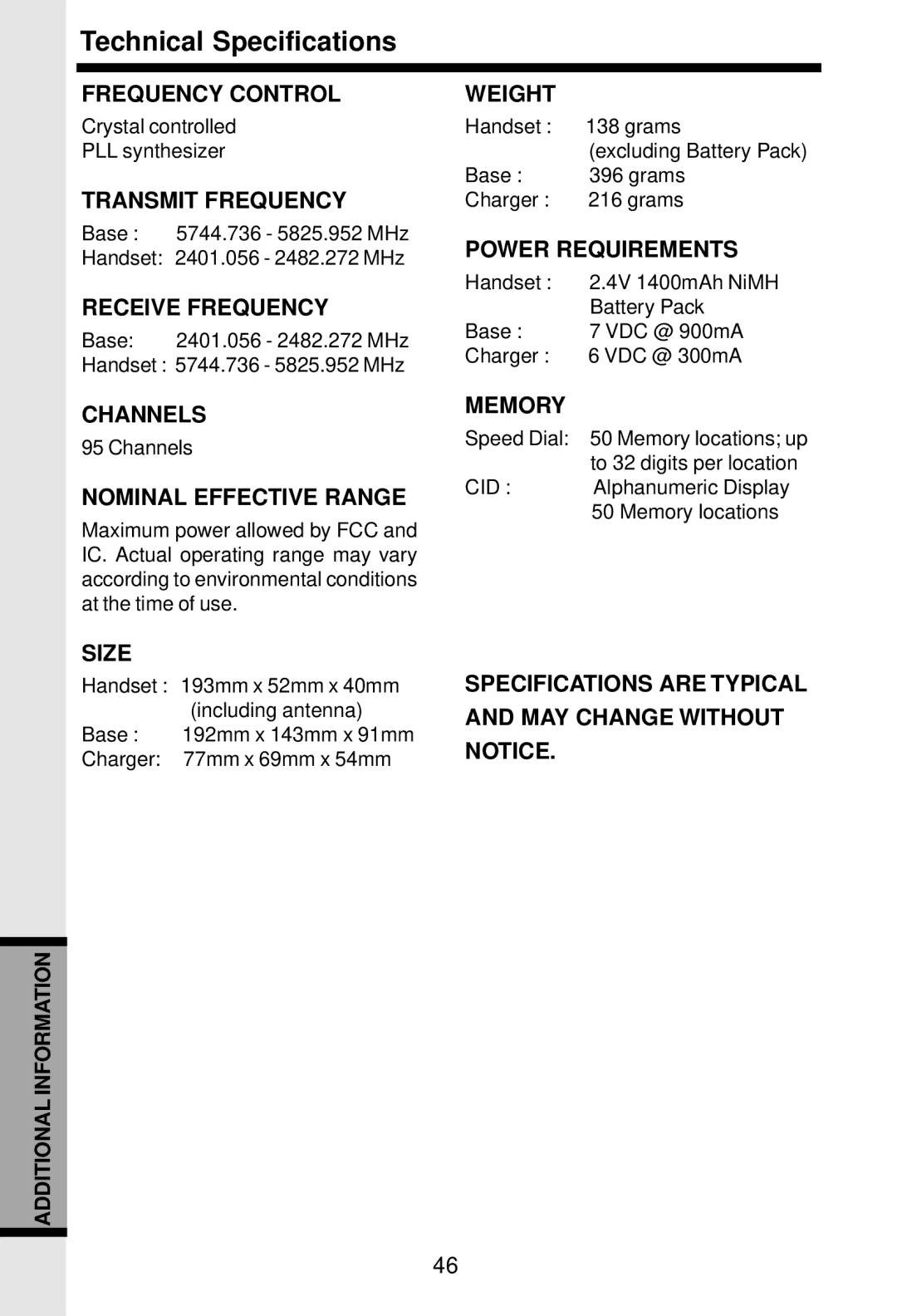 VTech 5831 important safety instructions Technical Specifications, Nominal Effective Range 