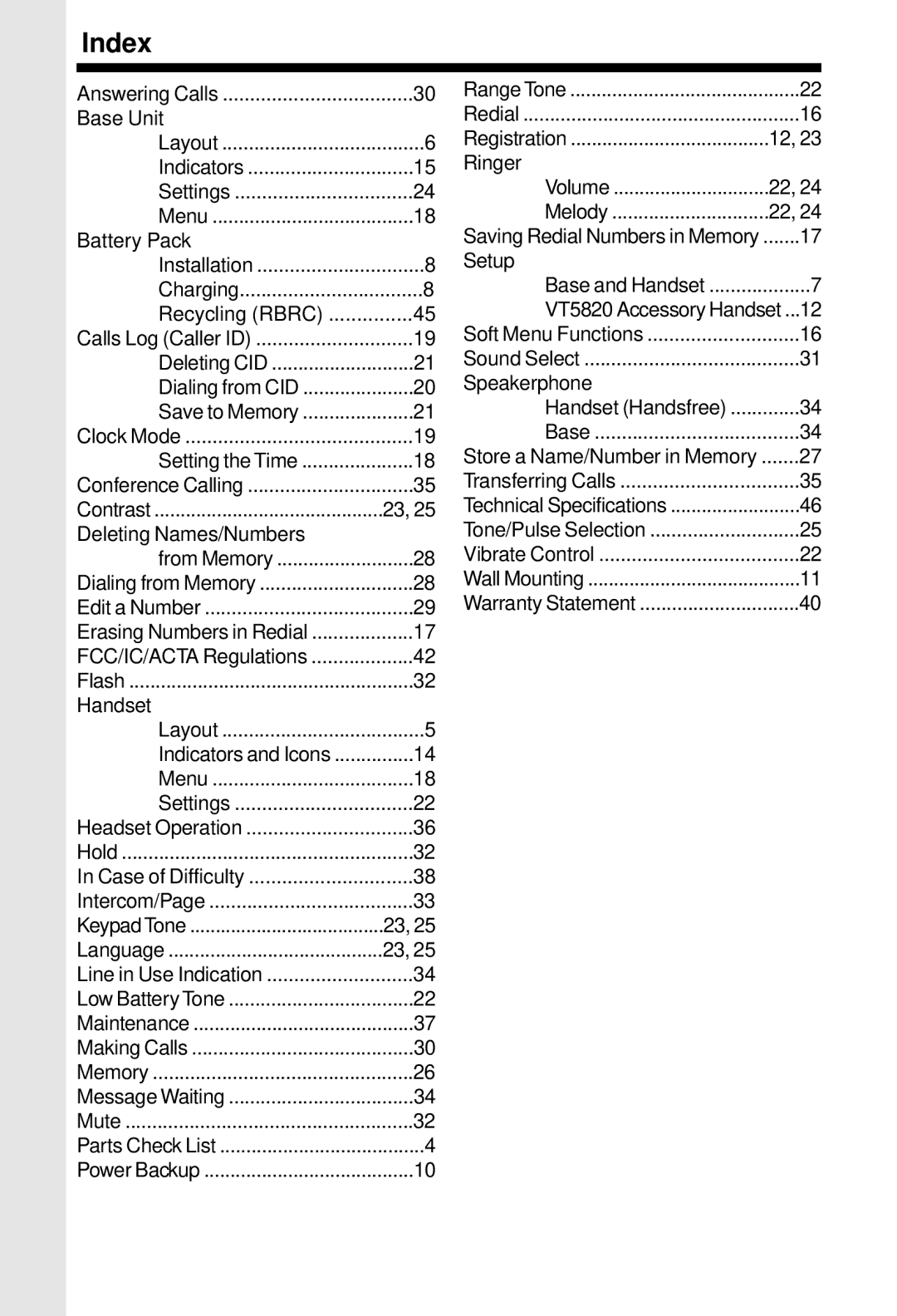 VTech 5831 important safety instructions Index, Deleting Names/Numbers 