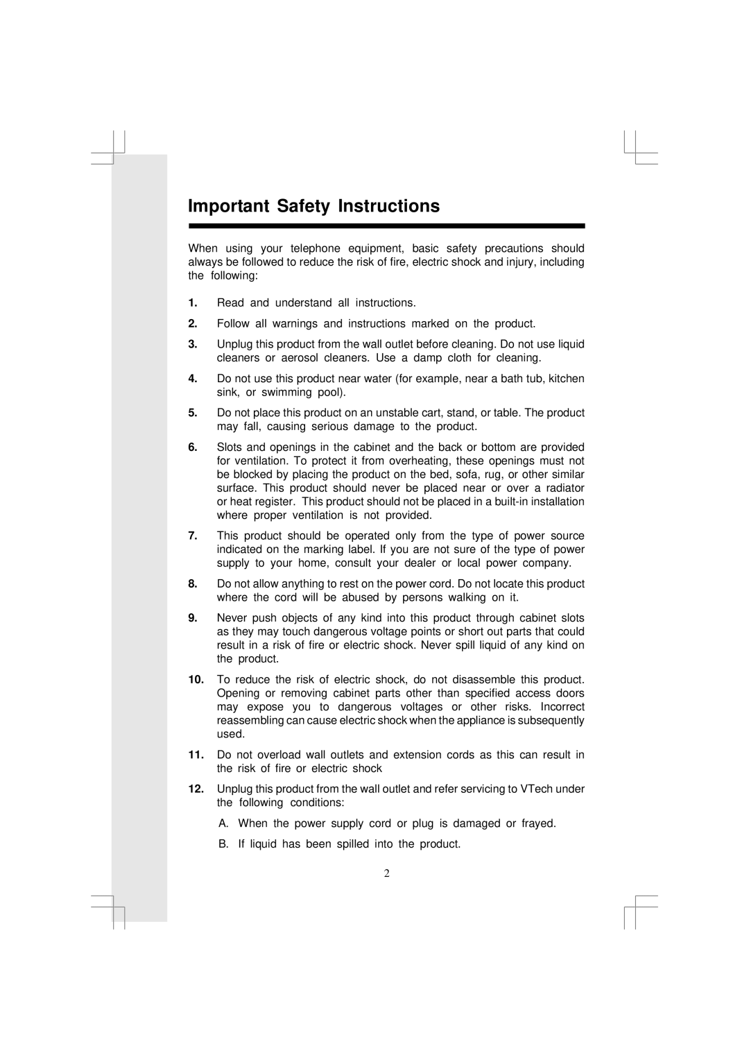 VTech 5831 important safety instructions Important Safety Instructions 