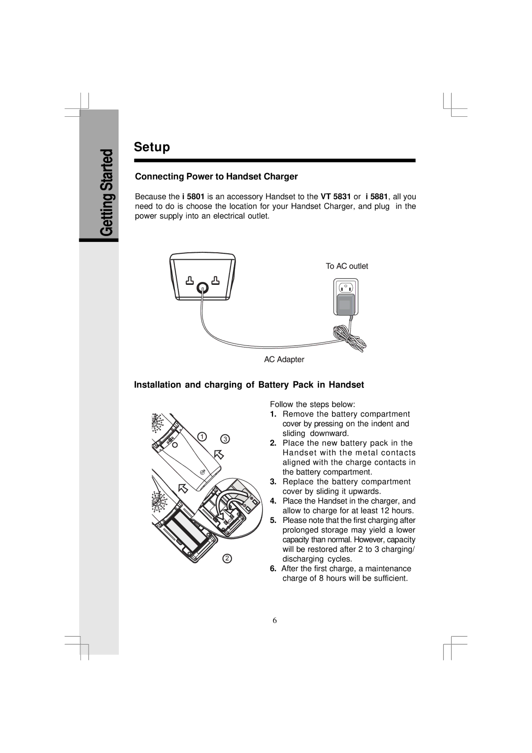 VTech 5831 important safety instructions Getting Started Setup, Connecting Power to Handset Charger 