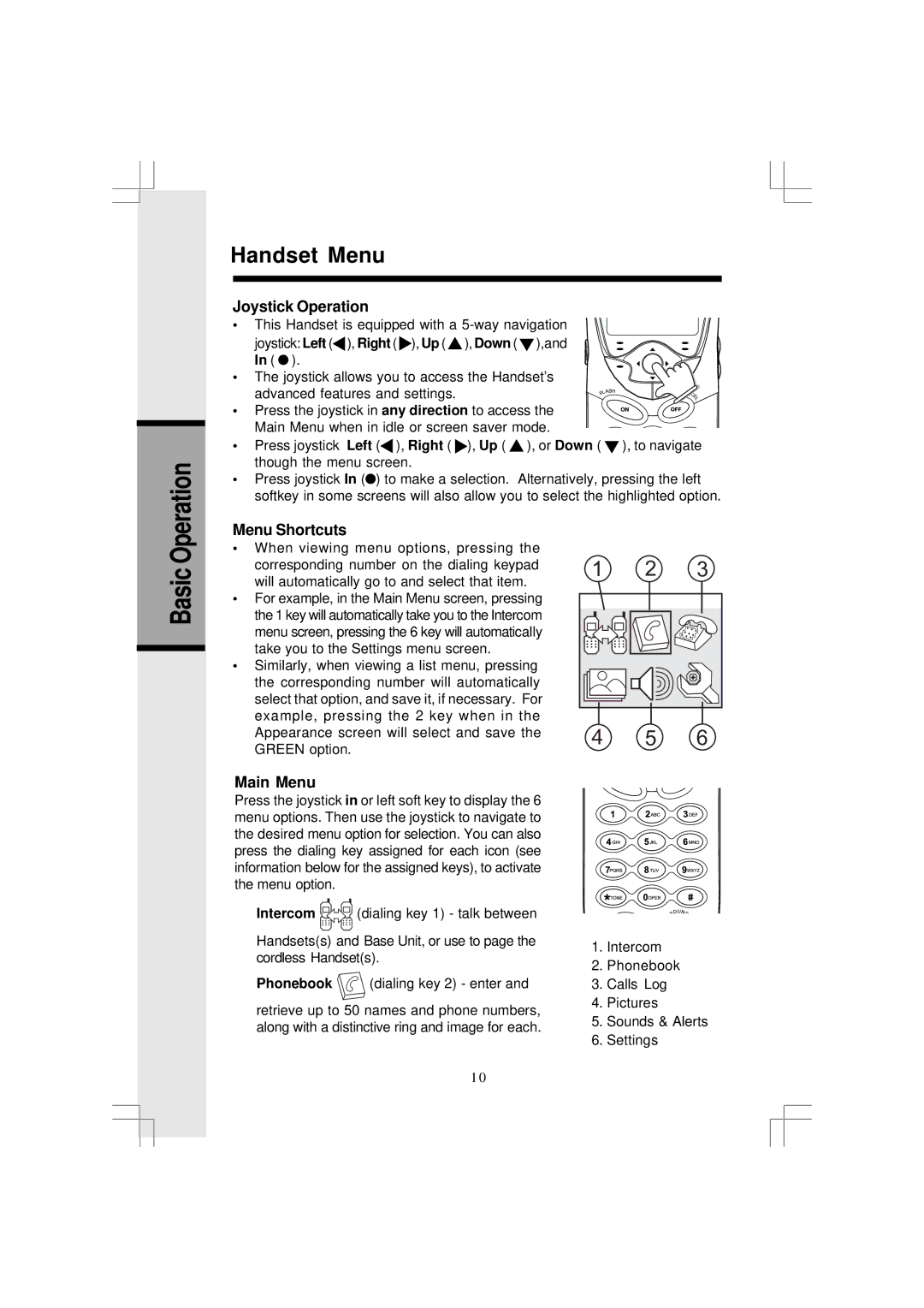 VTech 5831 important safety instructions Operation Handset Menu, Basic, Joystick Operation, Menu Shortcuts, Main Menu 