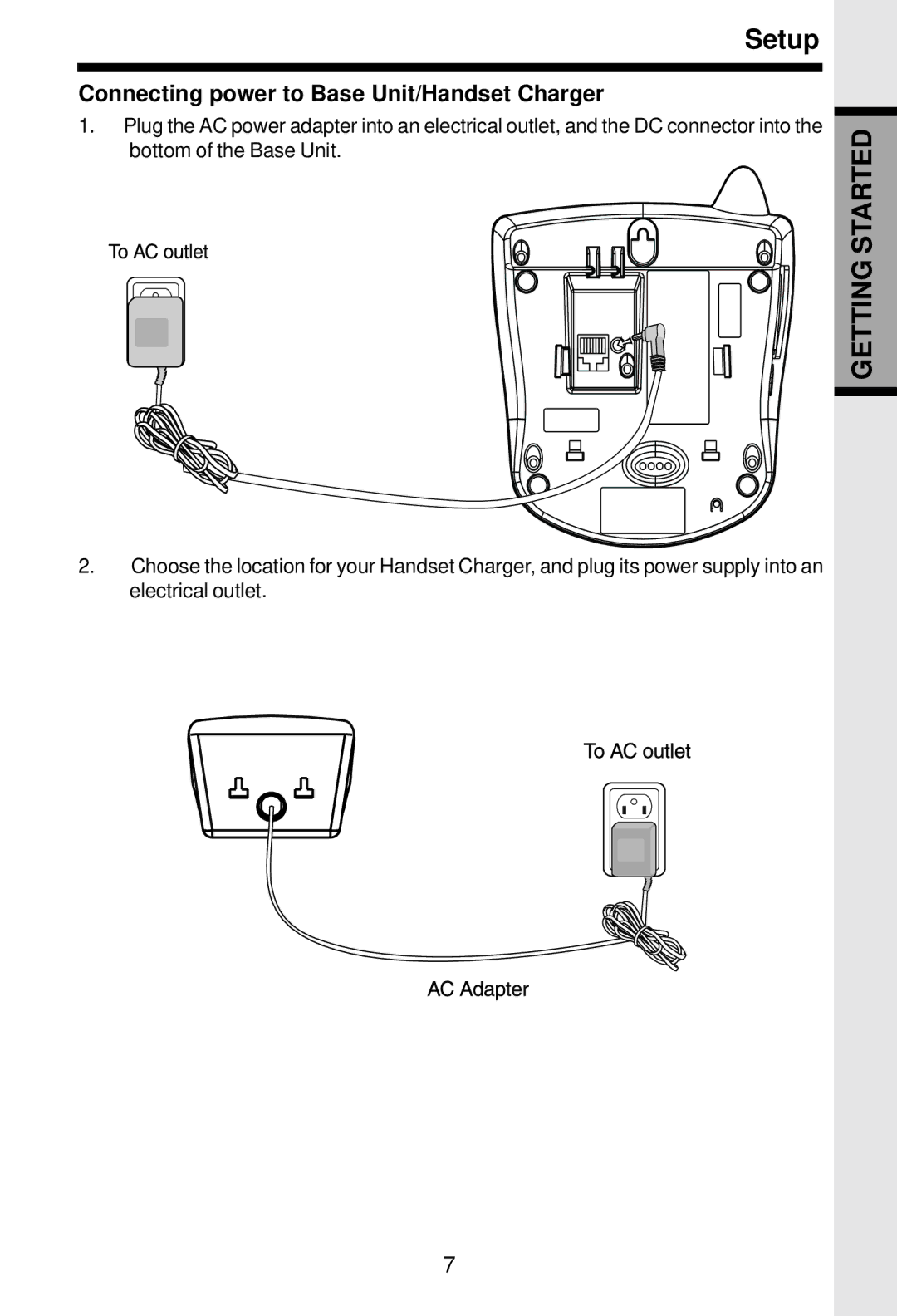 VTech 5831 important safety instructions Setup, Connecting power to Base Unit/Handset Charger 