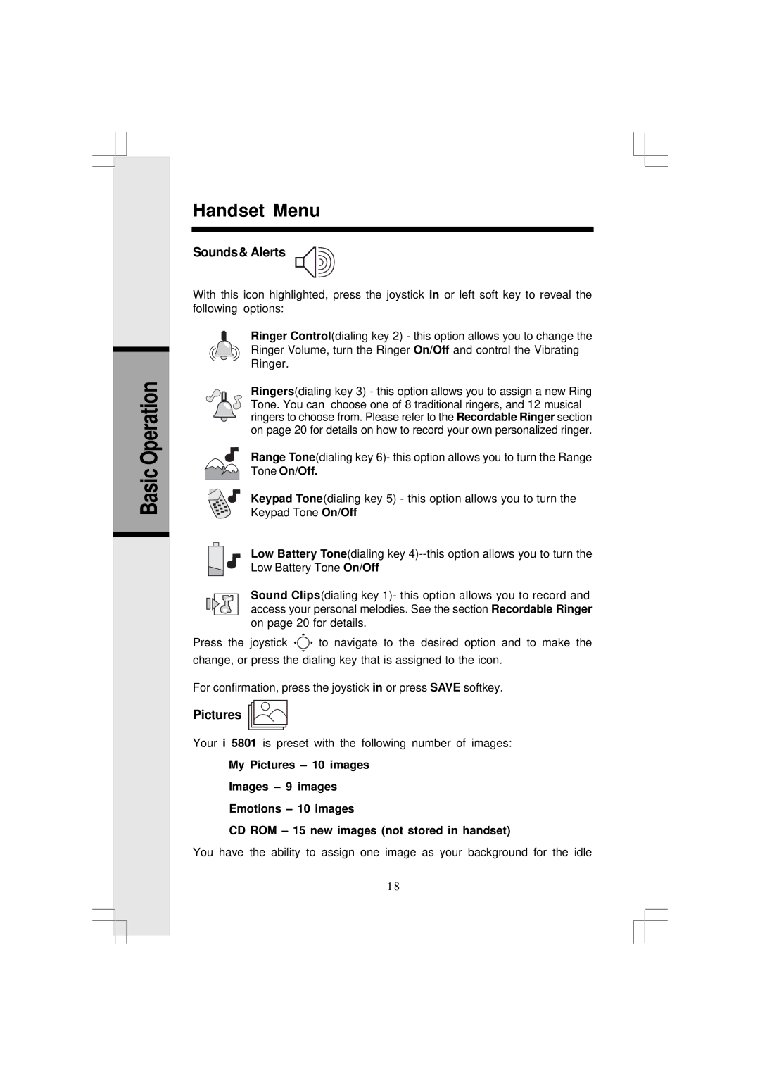 VTech 5831 important safety instructions Basic Operation Handset Menu, Sounds& Alerts, Pictures 