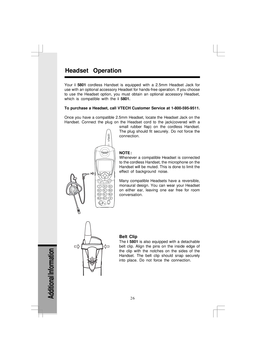 VTech 5831 Headset Operation, Additional Information, To purchase a Headset, call Vtech Customer Service at 