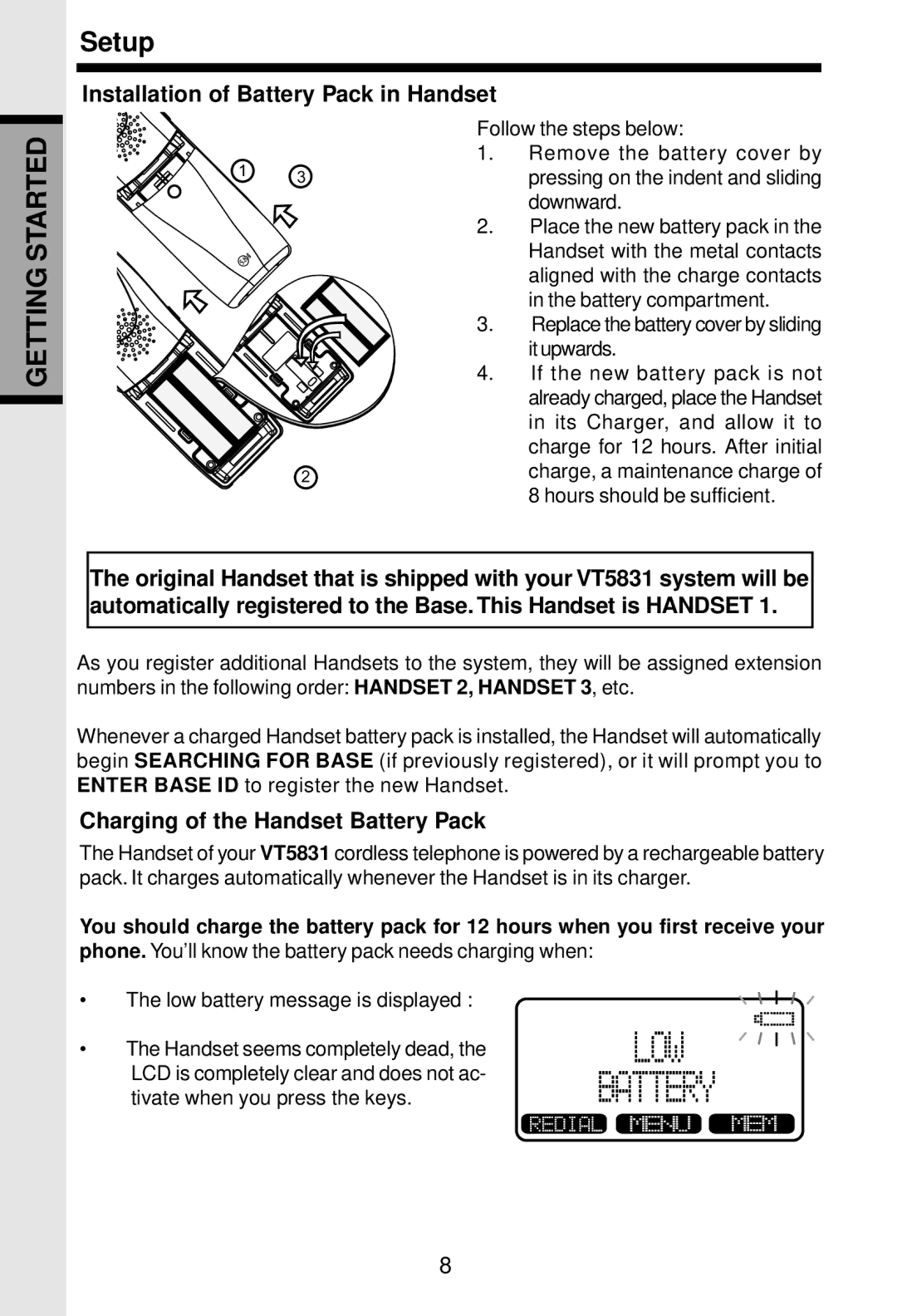 VTech 5831 important safety instructions Installation of Battery Pack in Handset, Charging of the Handset Battery Pack 