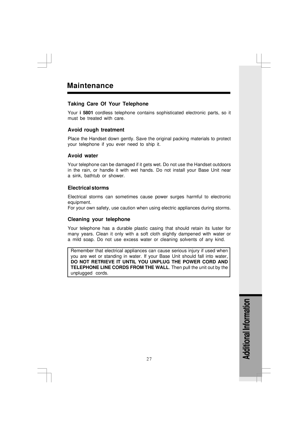 VTech 5831 important safety instructions Maintenance, Taking Care Of Your Telephone 