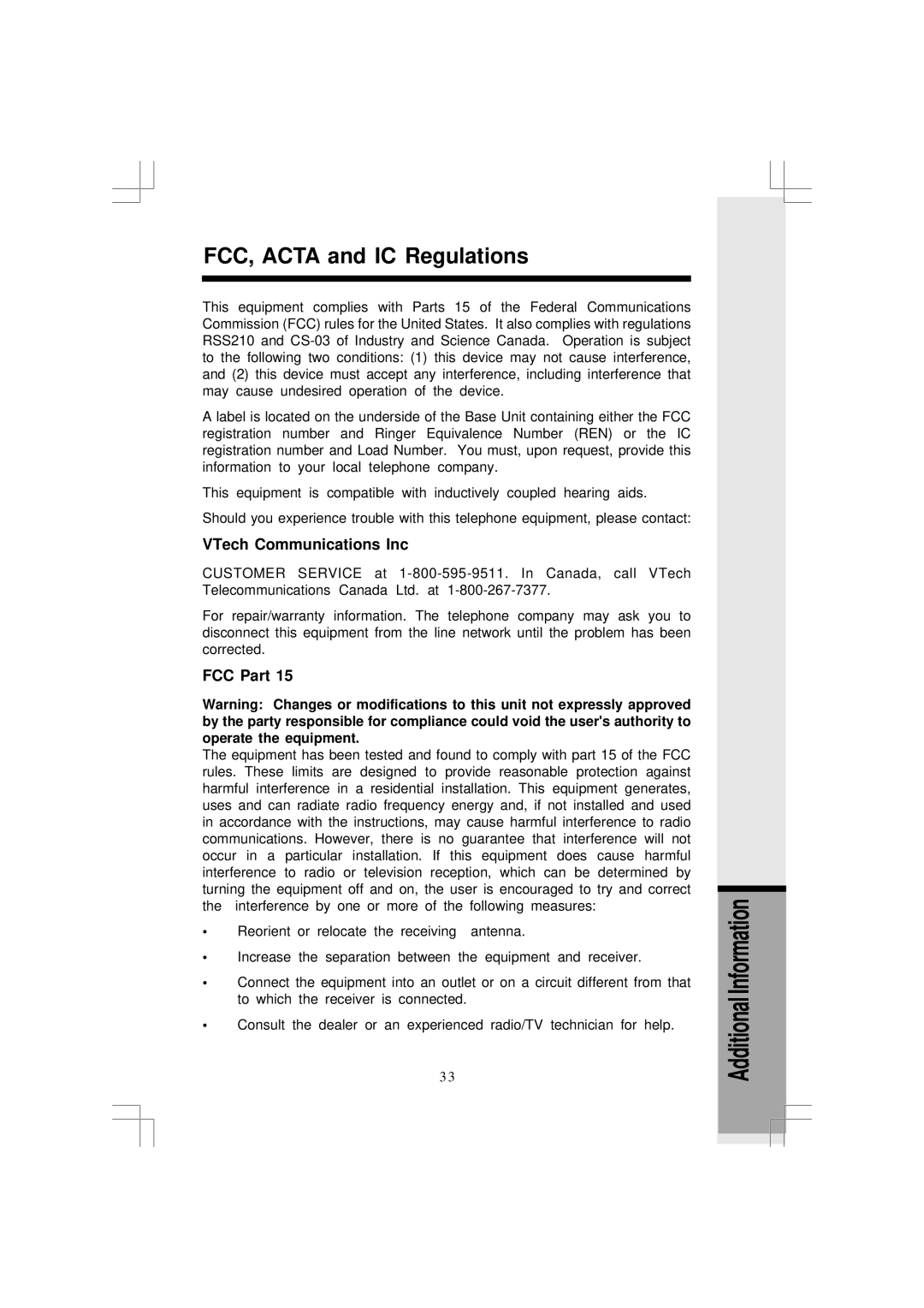 VTech 5831 important safety instructions FCC, Acta and IC Regulations, VTech Communications Inc 