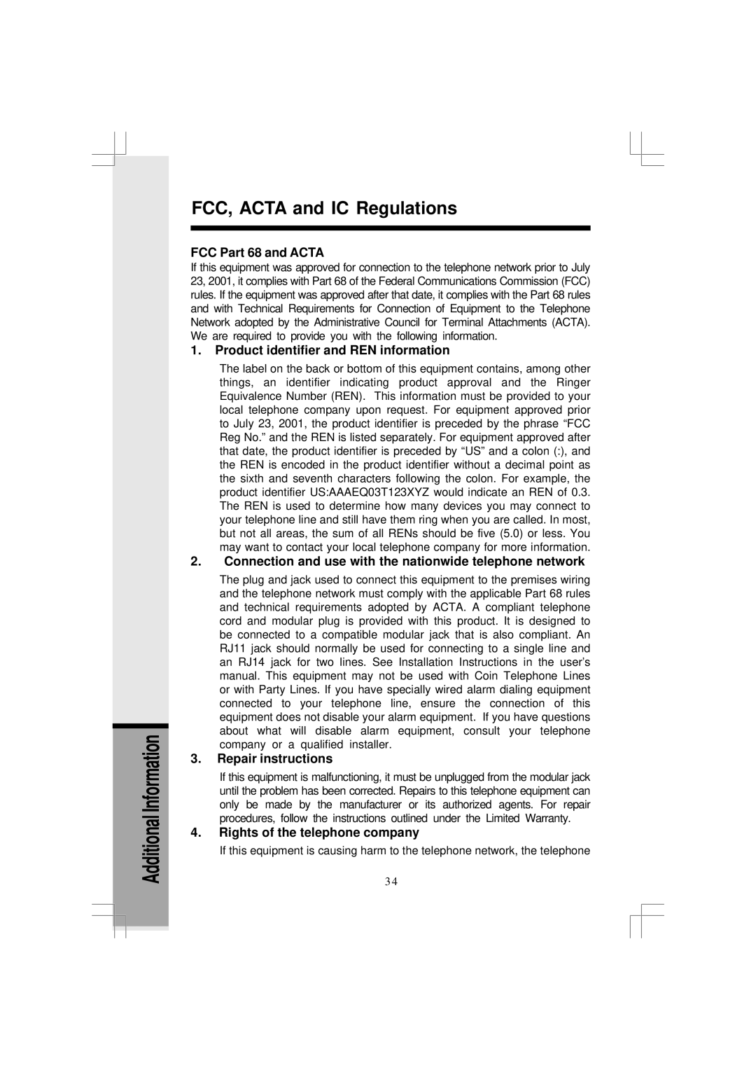 VTech 5831 important safety instructions FCC Part 68 and Acta 