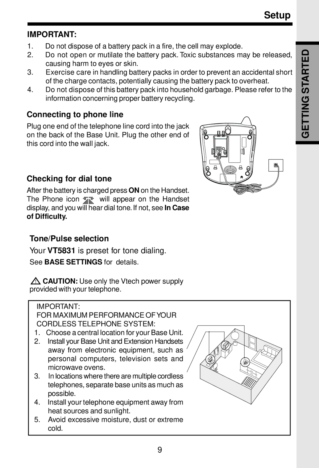 VTech 5831 important safety instructions Connecting to phone line, Checking for dial tone, Tone/Pulse selection 