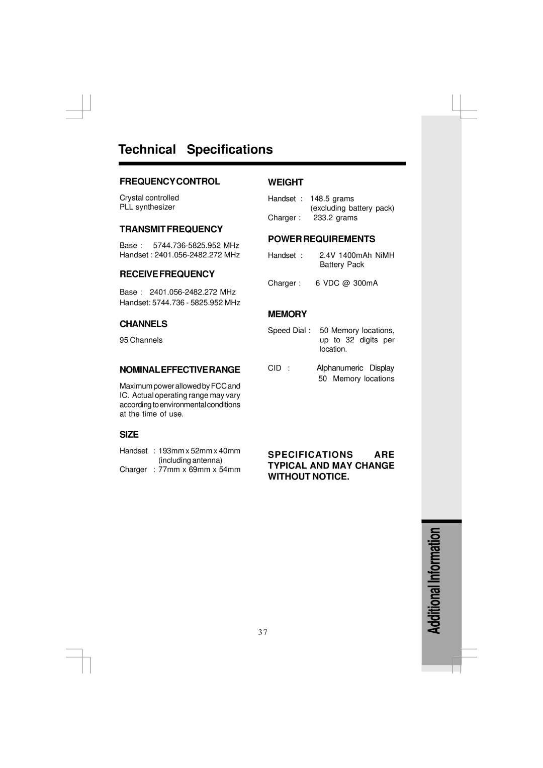 VTech 5831 important safety instructions Technical Specifications, Nominaleffectiverange 