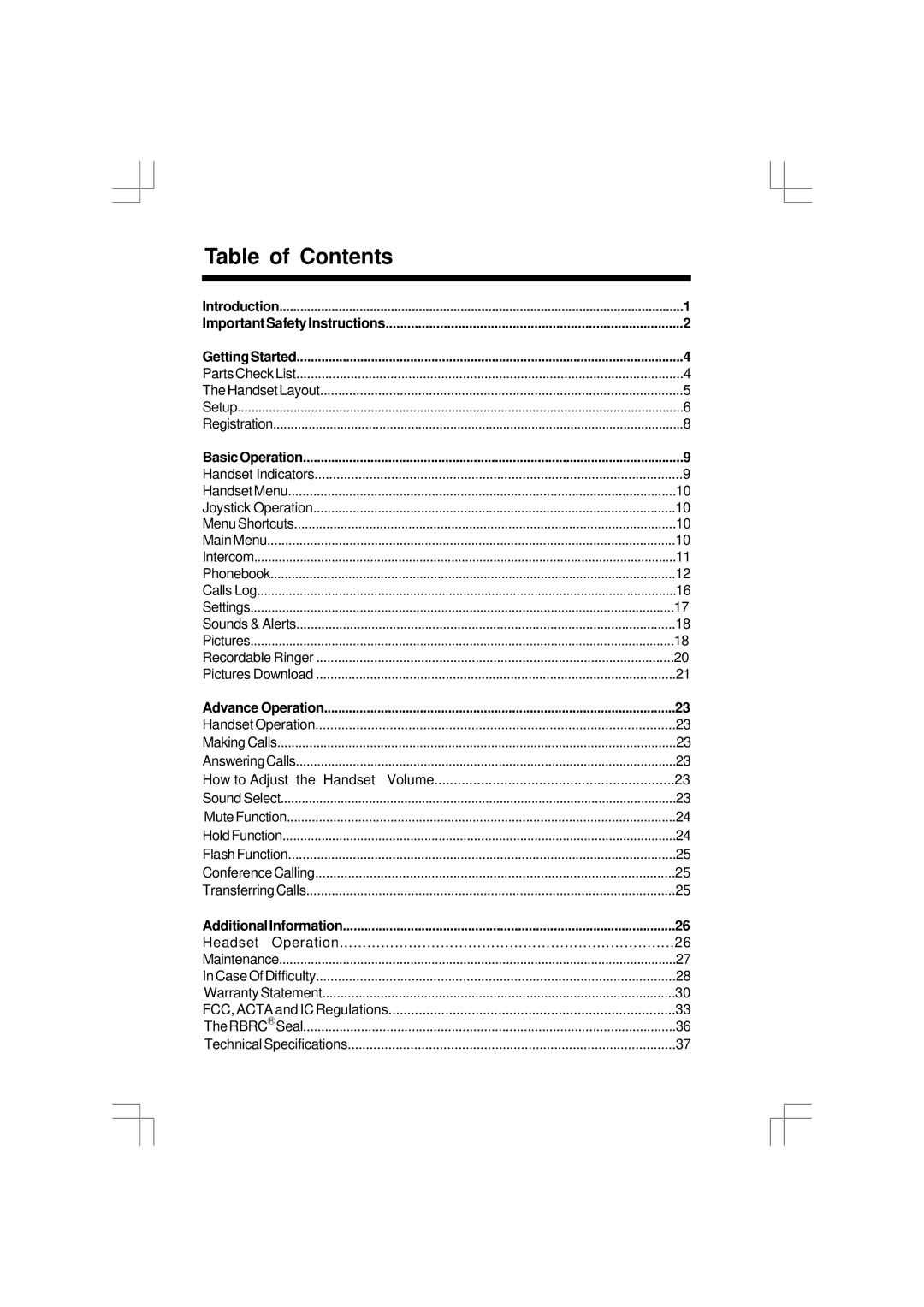 VTech 5831 important safety instructions Table of Contents 