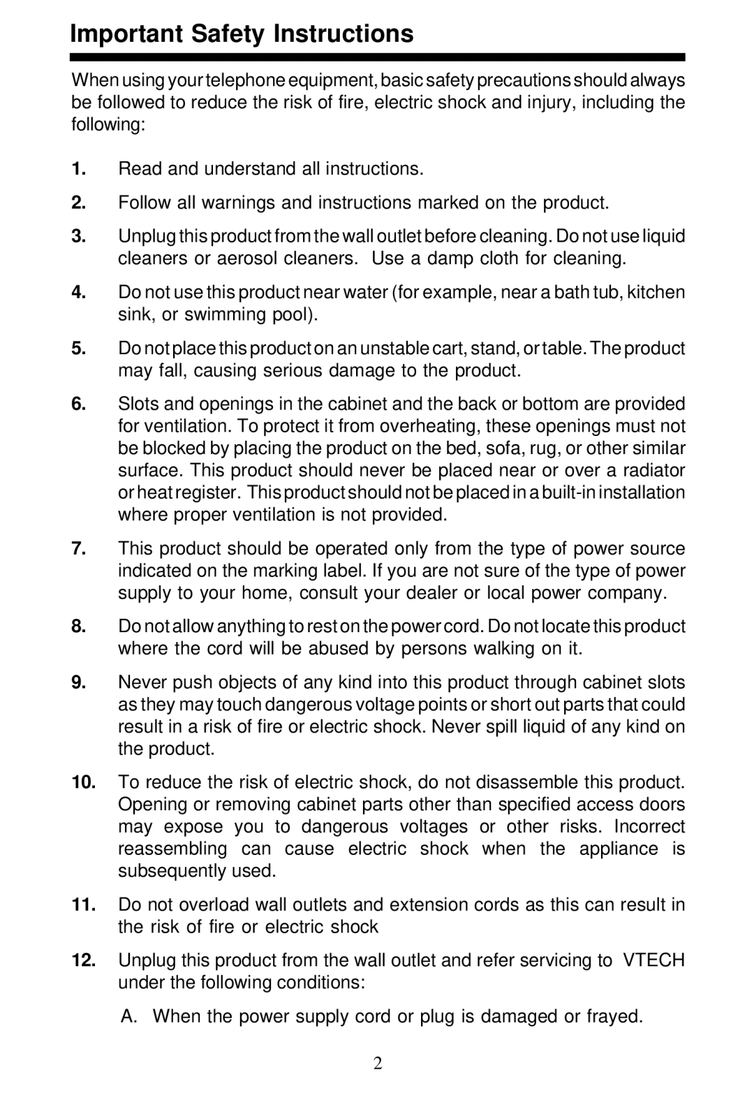 VTech 5831 important safety instructions Important Safety Instructions 