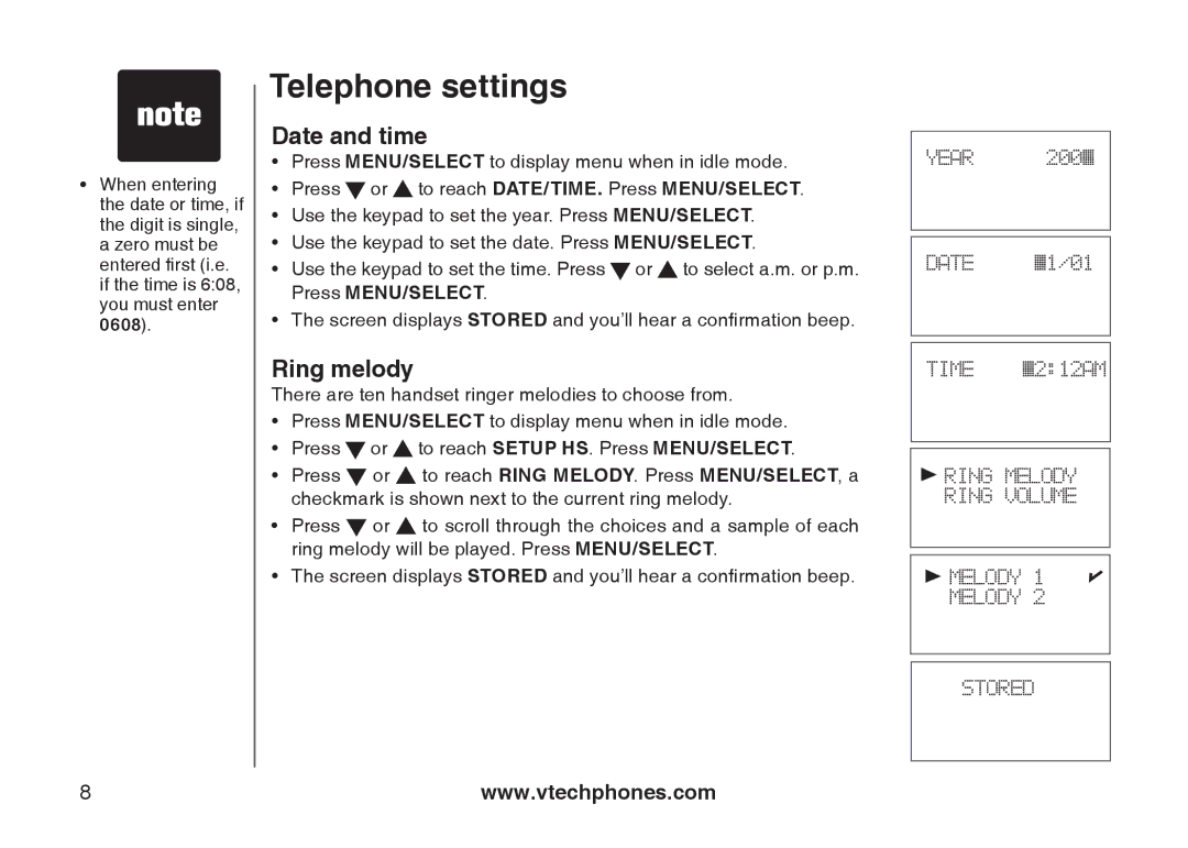 VTech 6031 important safety instructions Date and time, Ring melody 