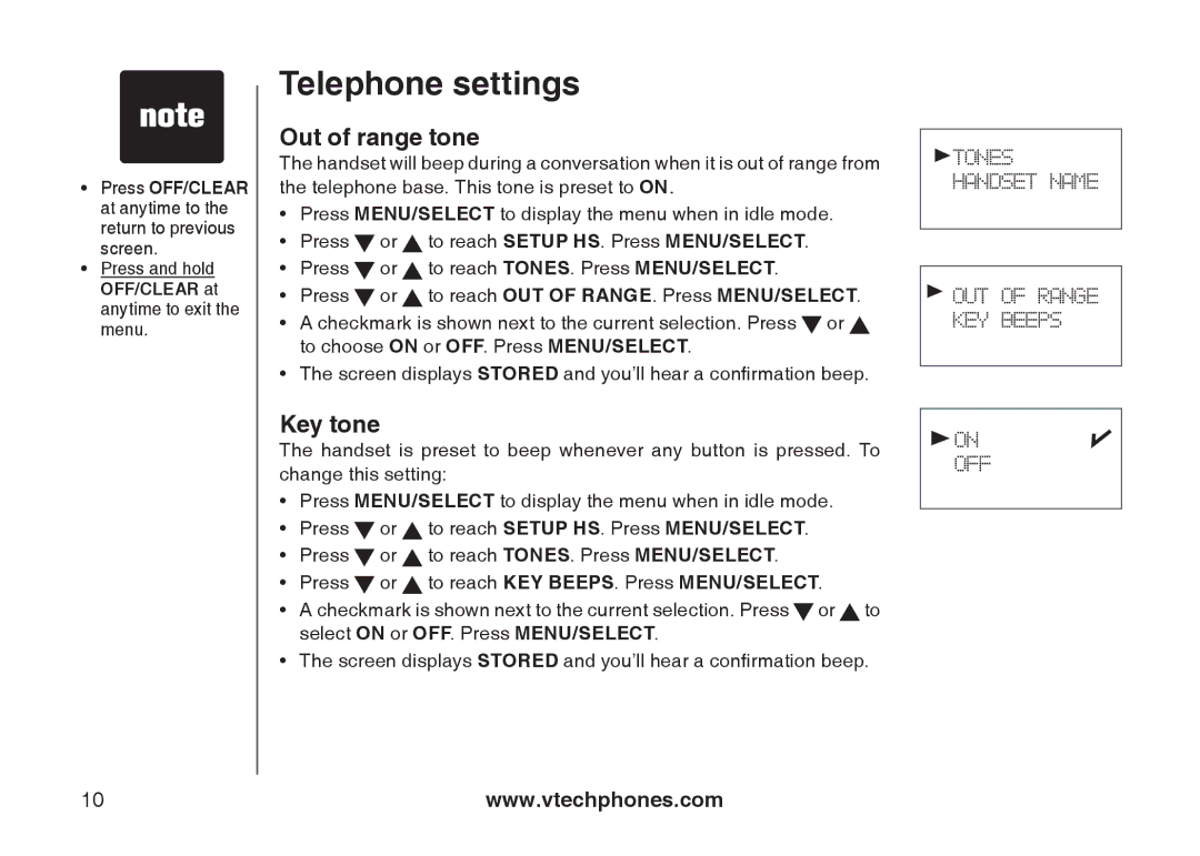 VTech 6031 important safety instructions Out of range tone, Key tone 