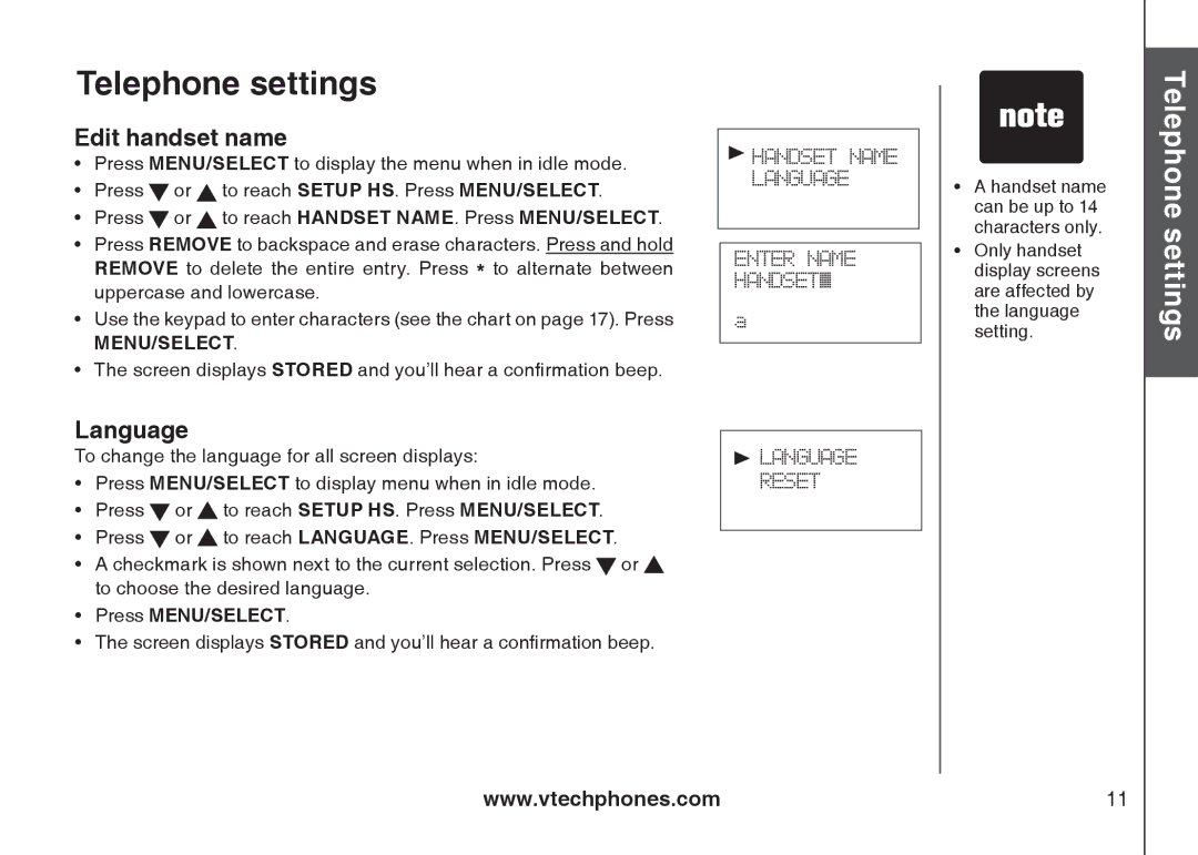 VTech 6031 important safety instructions Edit handset name, Language 