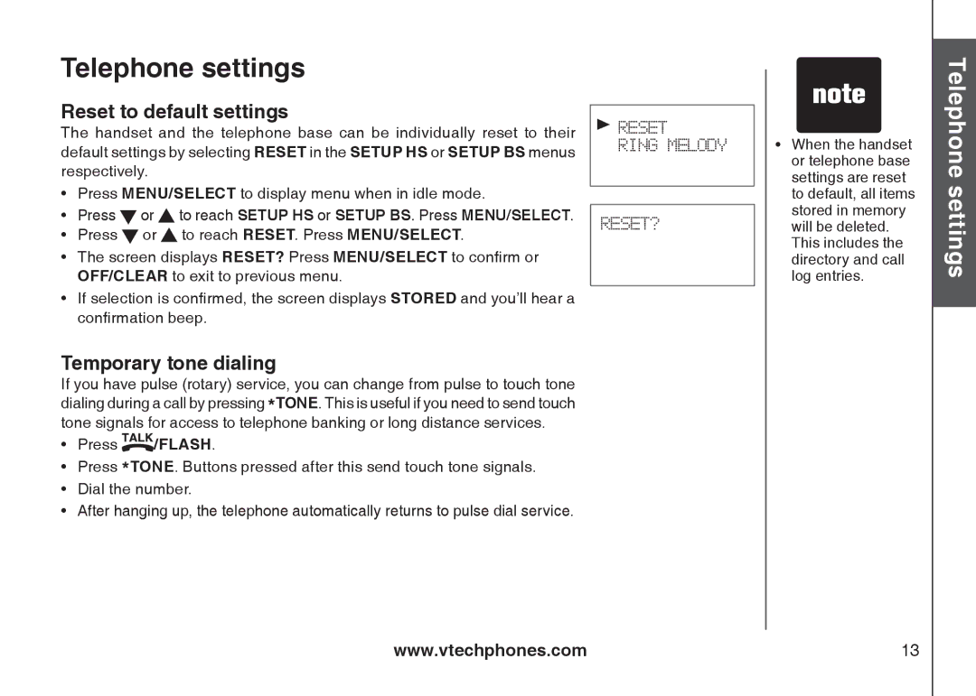 VTech 6031 important safety instructions Reset to default settings, Temporary tone dialing 