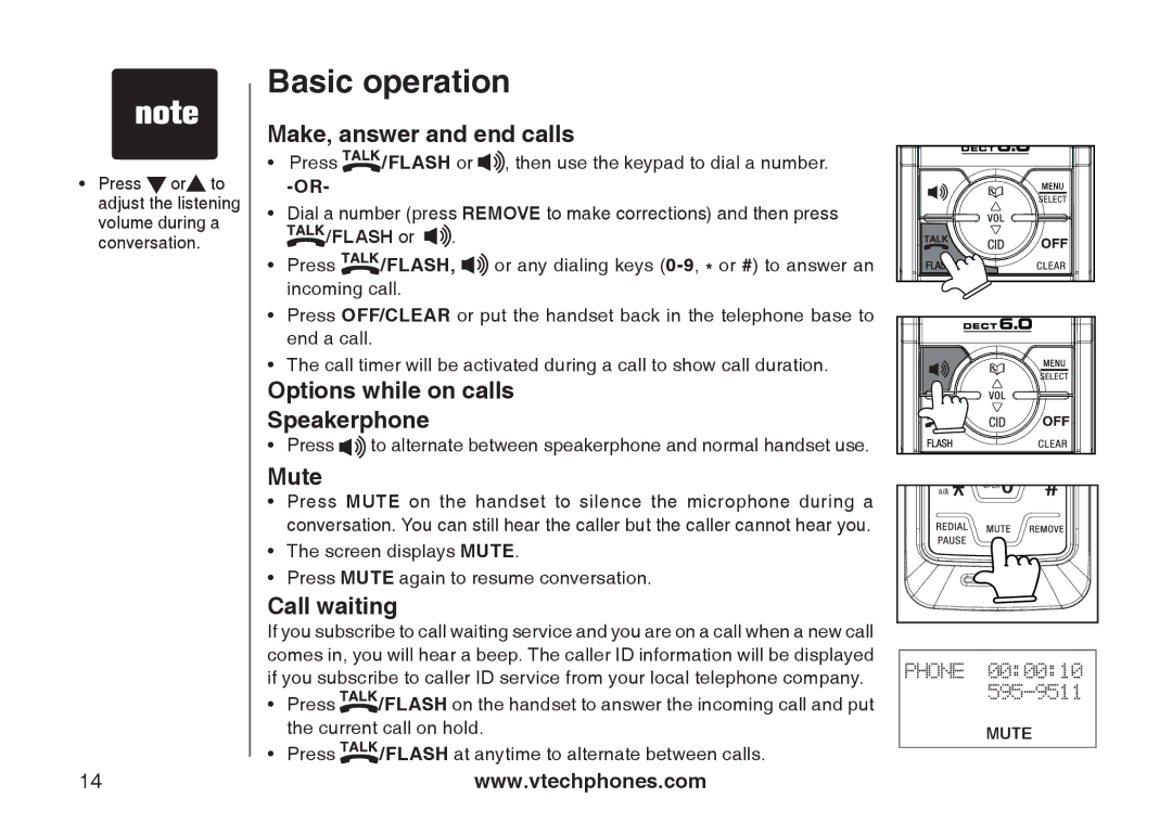 VTech 6031 Basic operation, Make, answer and end calls, Options while on calls Speakerphone, Mute, Call waiting 