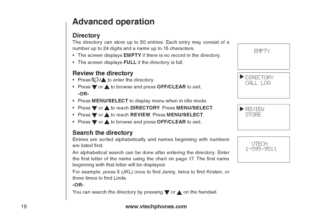 VTech 6031 important safety instructions Advanced operation, Directory, Review the directory, Search the directory 