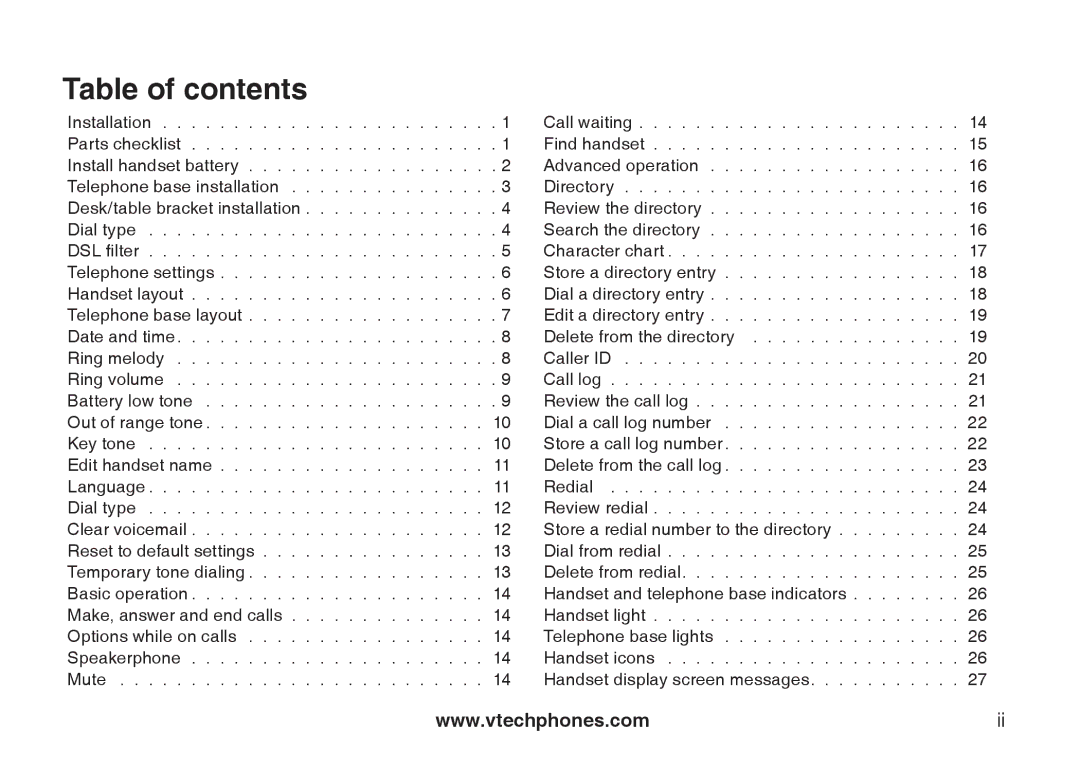 VTech 6031 important safety instructions Table of contents 