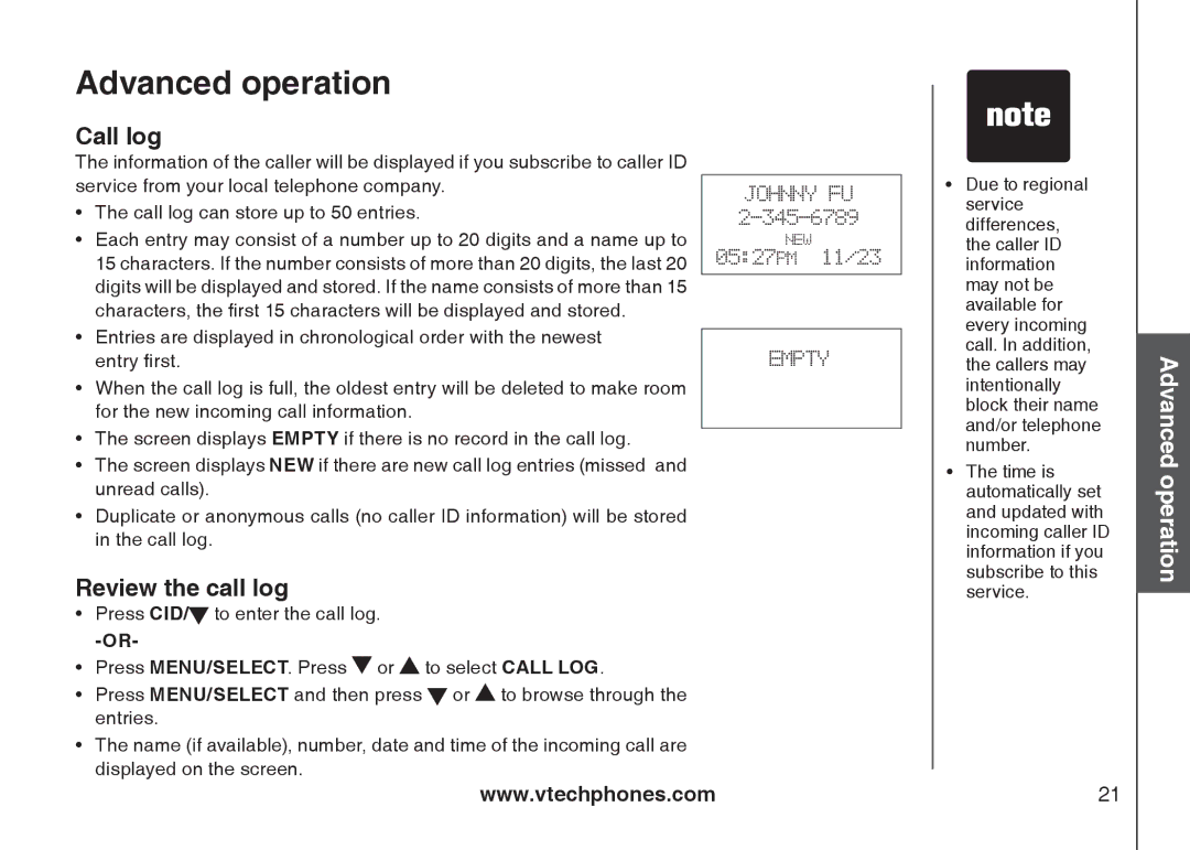 VTech 6031 important safety instructions Call log, Review the call log 