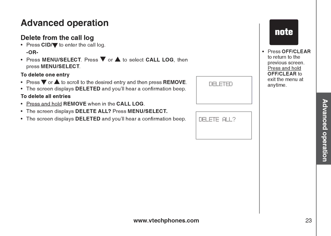 VTech 6031 important safety instructions Delete from the call log, To delete one entry 